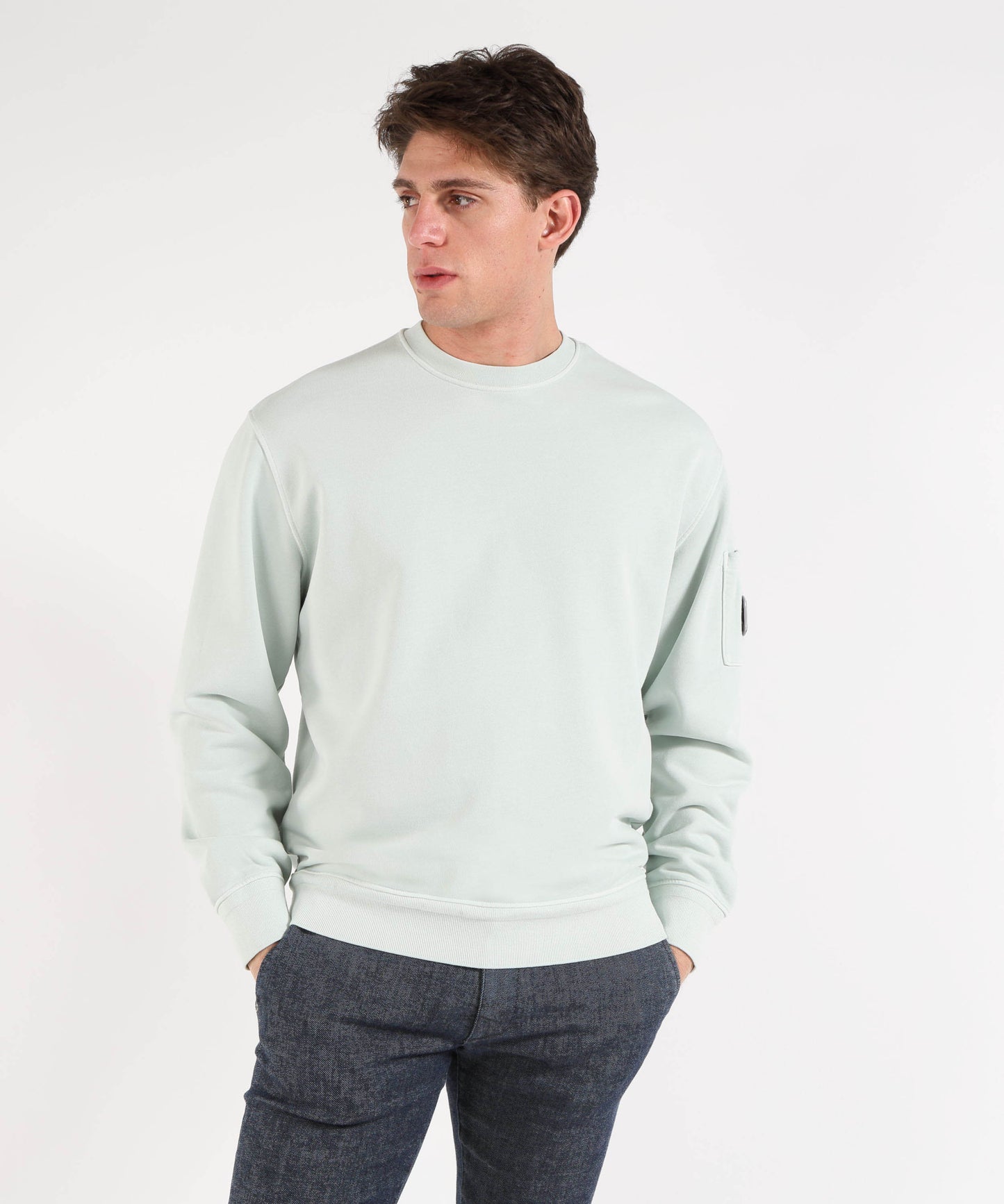 C.P. COMPANY Cotton Diagonal Fleece Resist Dyed Crewneck Lens Sweatshirt