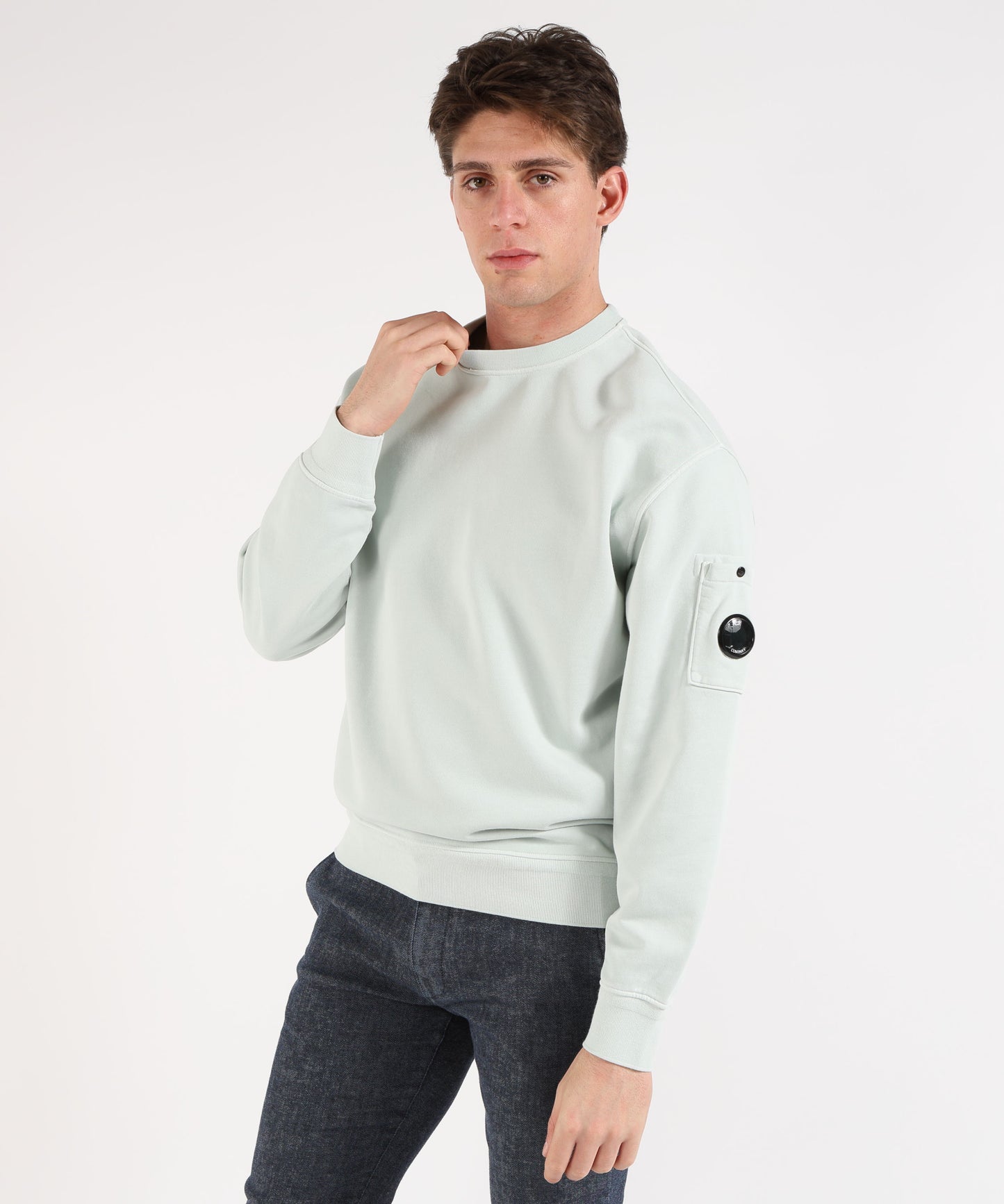C.P. COMPANY Cotton Diagonal Fleece Resist Dyed Crewneck Lens Sweatshirt