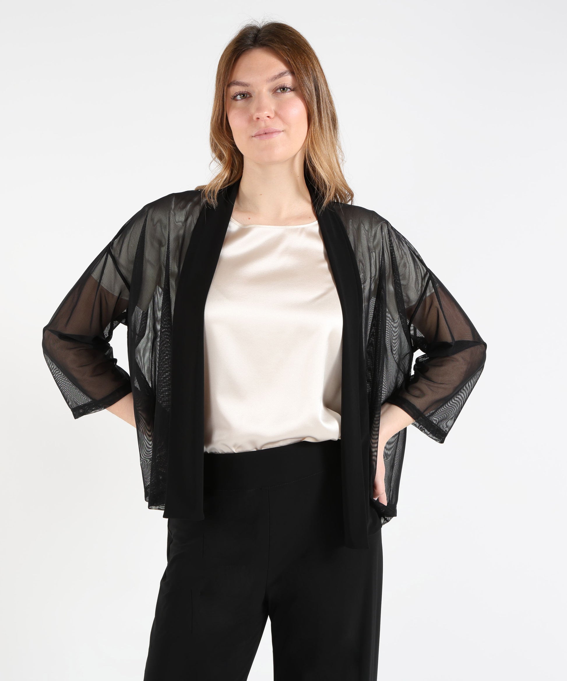 Soprabiti RIBKOFF Soprabito drappeggiato aperto sul davanti in tulle e maglia effetto seta Nero | RIBKOFF