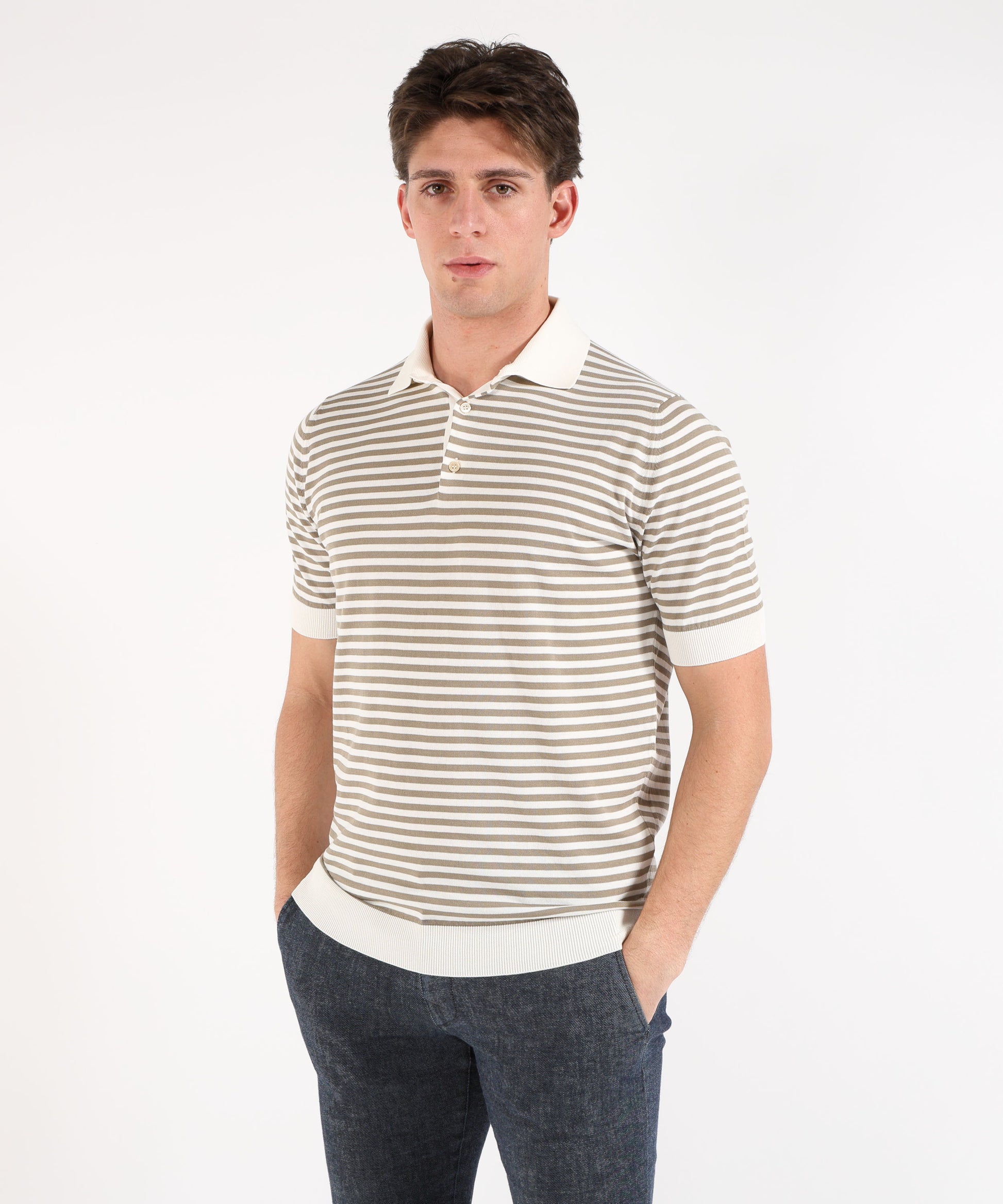 Polo shirts FILIPPO DE LAURENTIIS Short-sleeve striped polo with buttons and spring-effect cuffs Verde/latte | FILIPPO DE LAURENTIIS