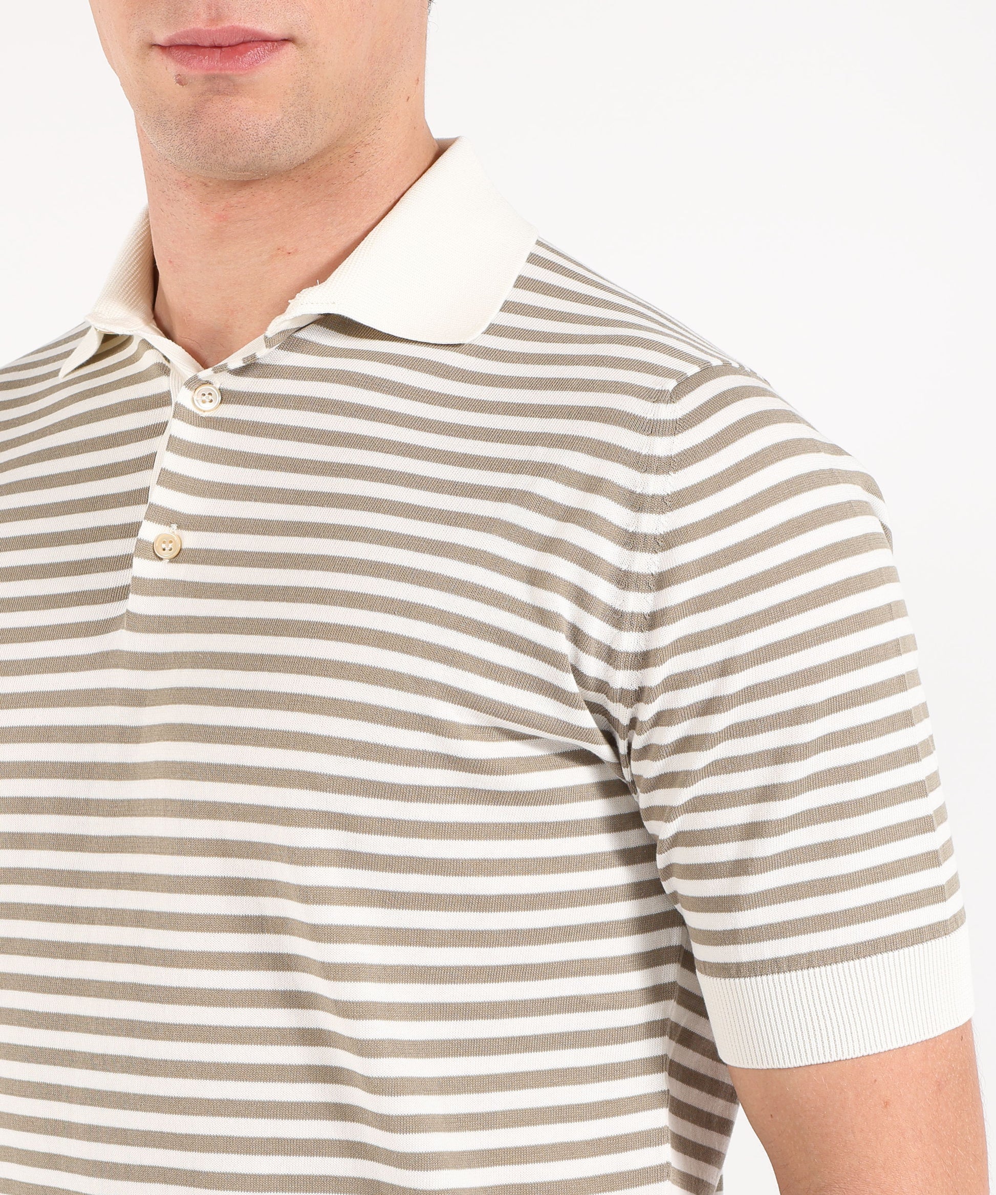 Polo shirts FILIPPO DE LAURENTIIS Short-sleeve striped polo with buttons and spring-effect cuffs Verde/latte | FILIPPO DE LAURENTIIS