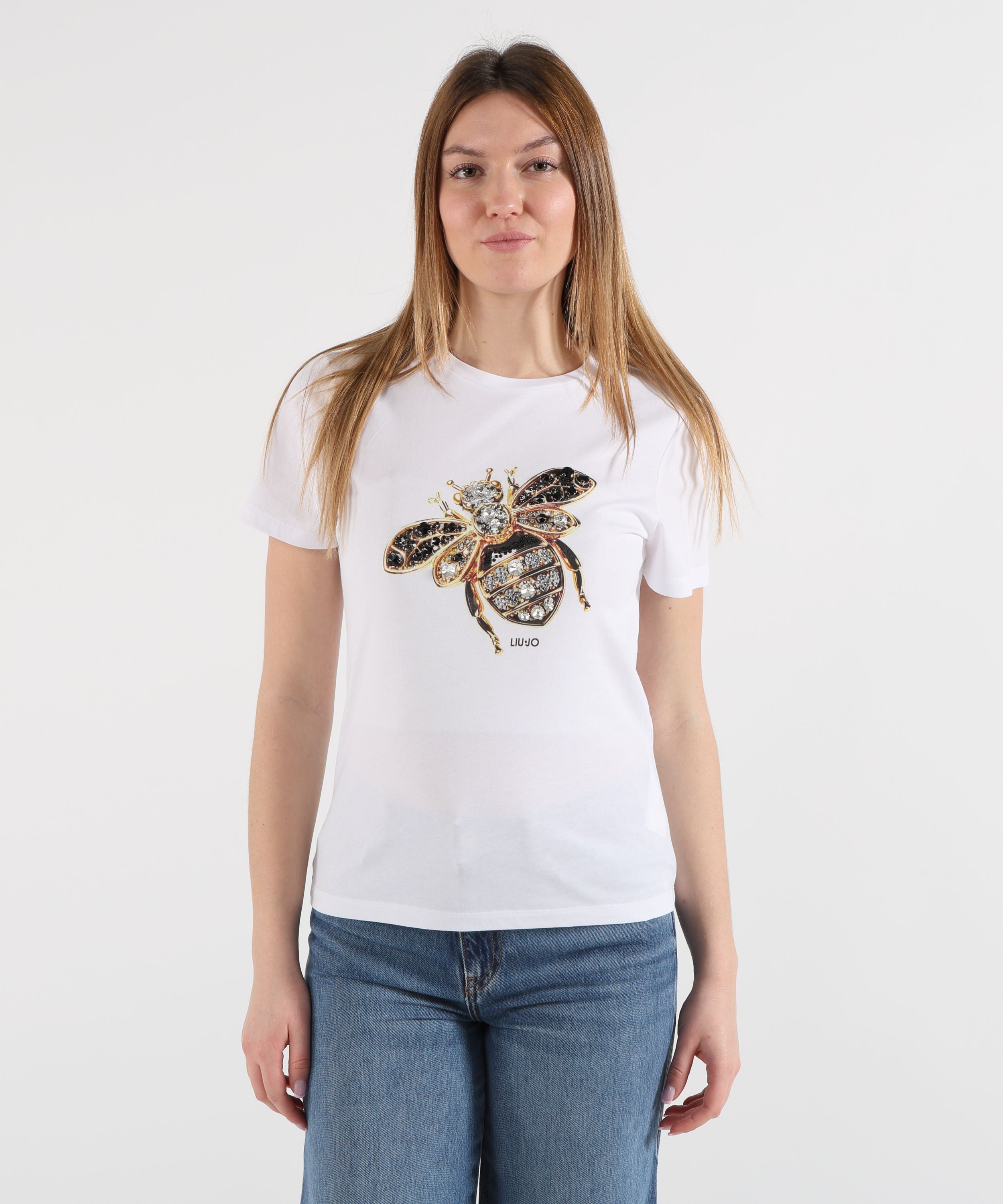 LIUJO WHITE T-shirt con stampa e applicazioni