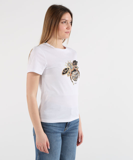LIUJO WHITE T-shirt con stampa e applicazioni