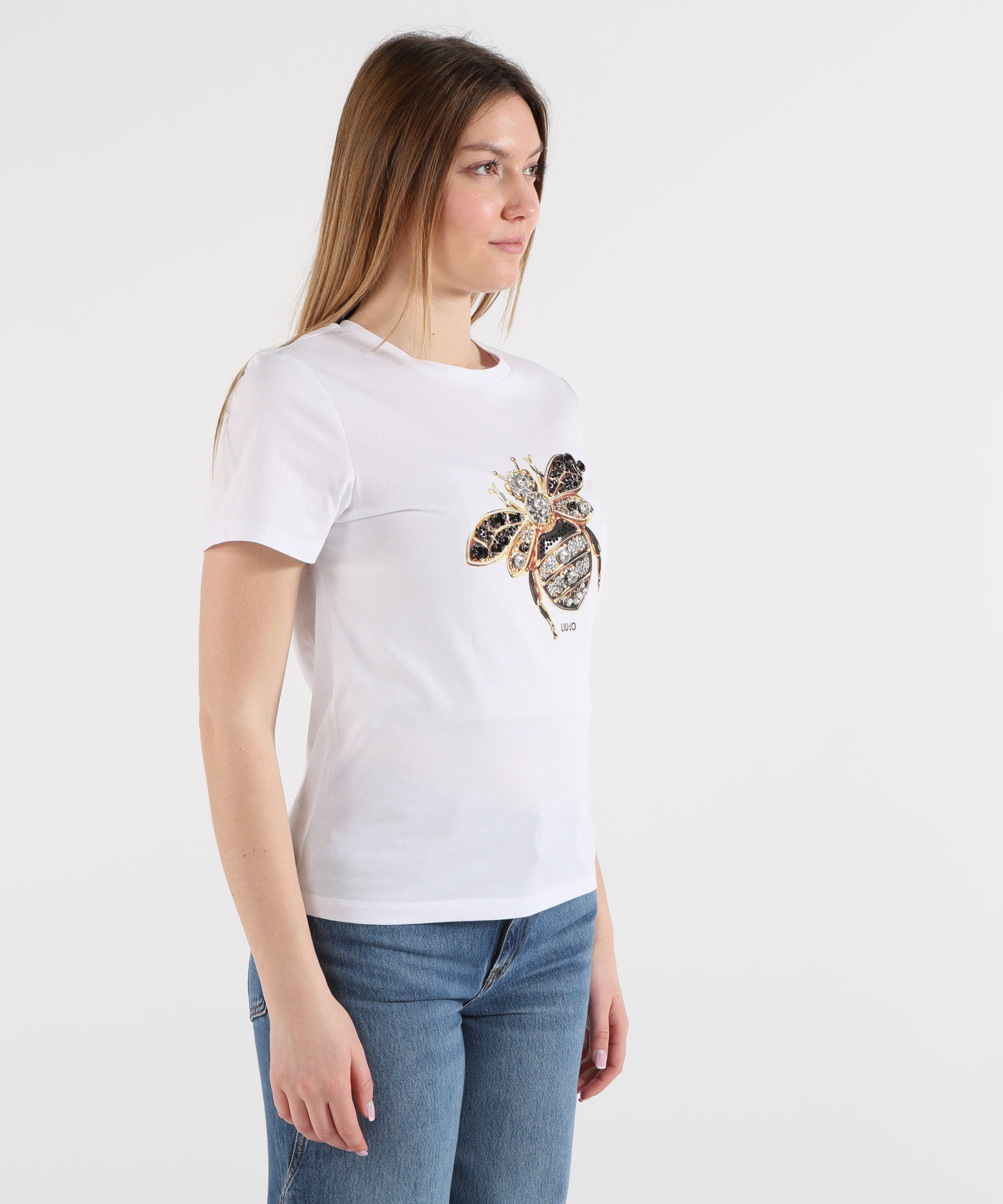 LIUJO WHITE T-shirt con stampa e applicazioni