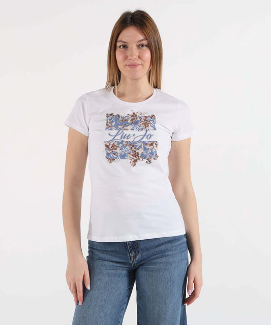 LIUJO WHITE T-shirt con stampa e strass
