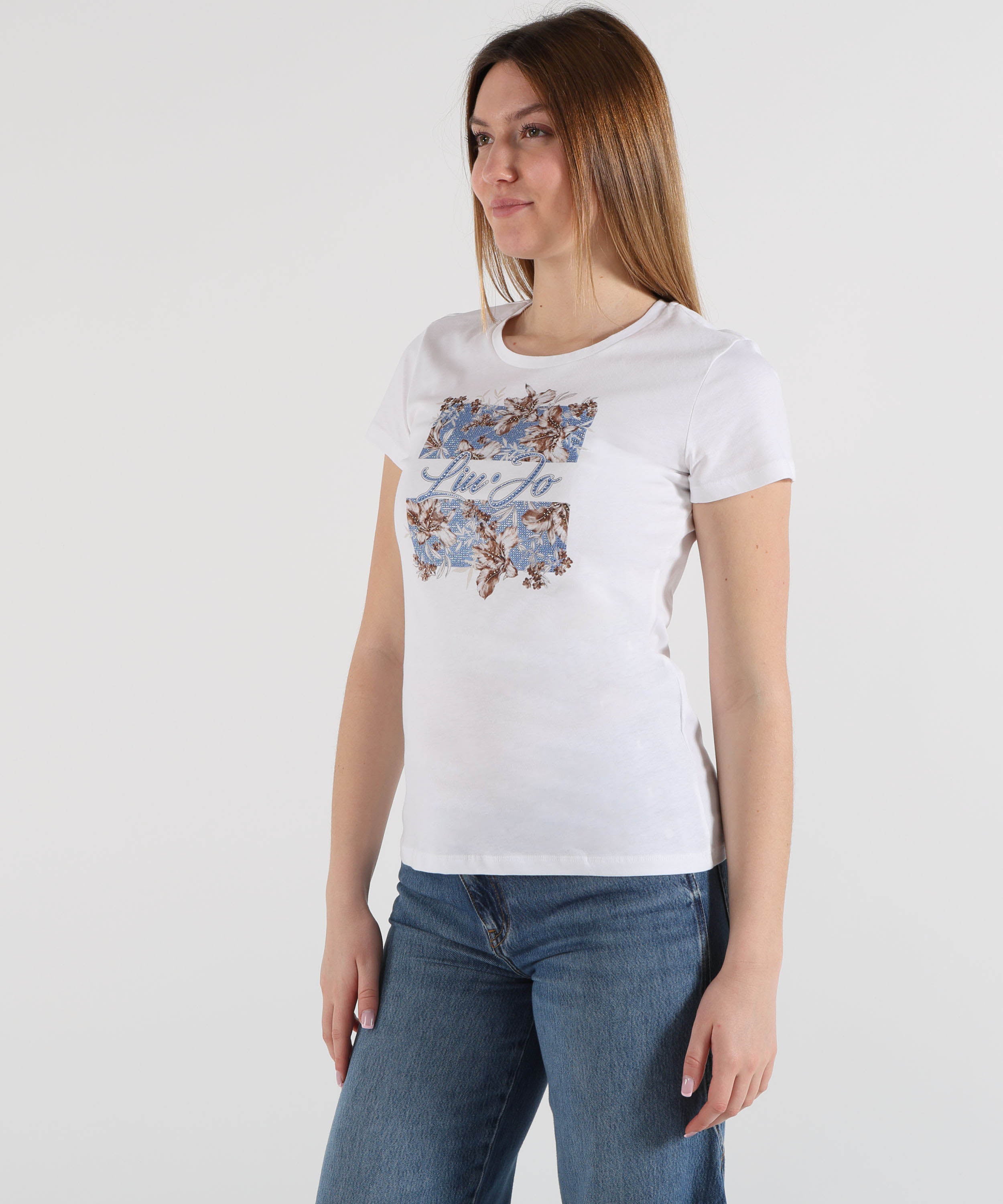 LIUJO WHITE T-shirt con stampa e strass