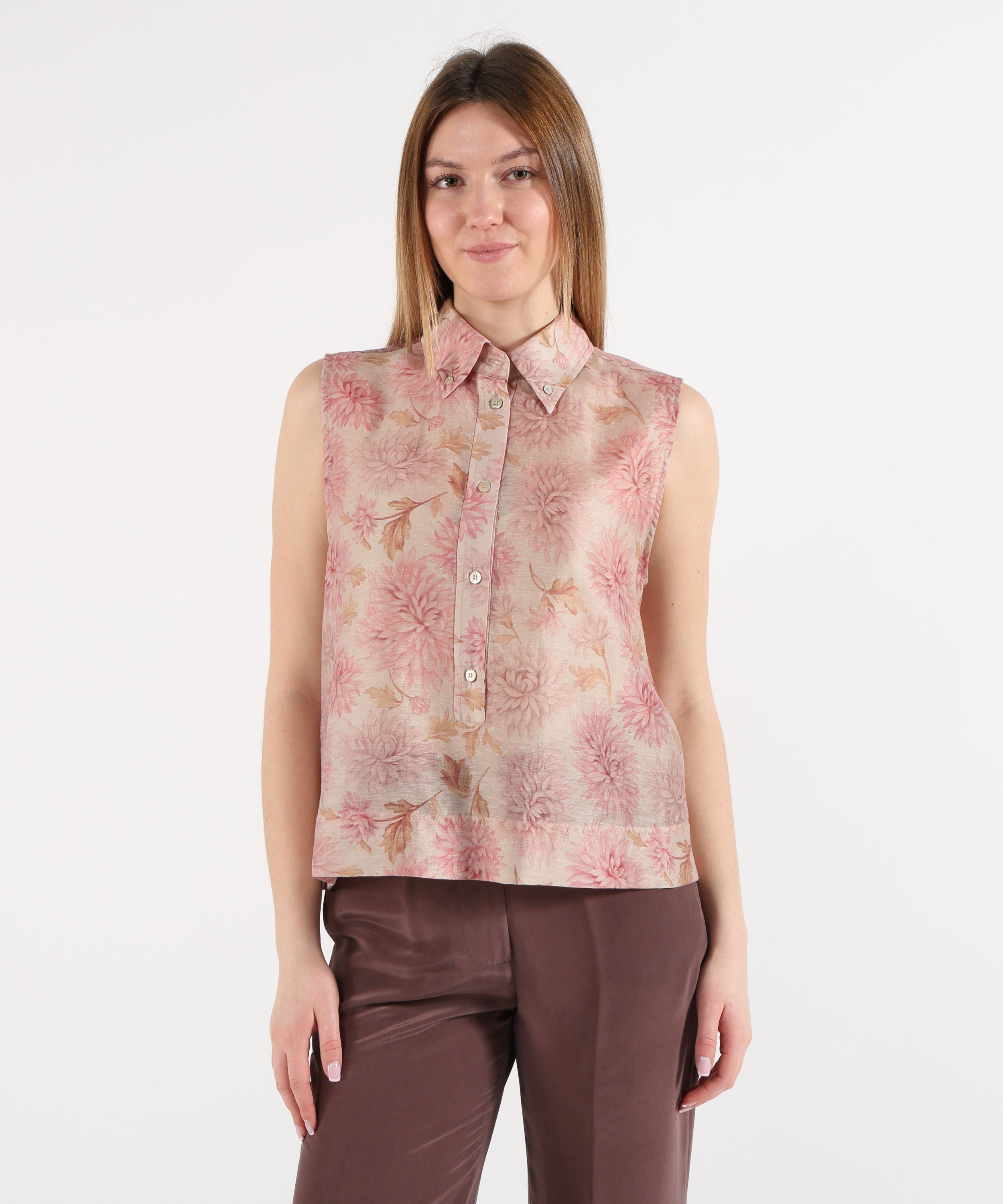 SEVENTY Camicia smanicata in organza di lino stampata