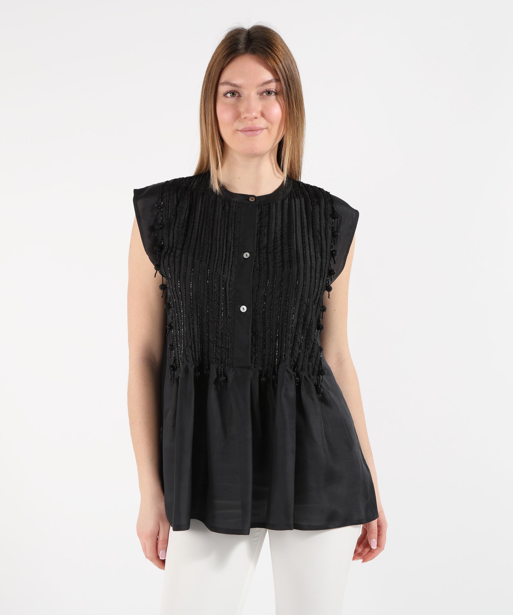 Blouses P.A.R.O.S.H. Sleeveless silk blouse with plastron Nero | P.A.R.O.S.H.