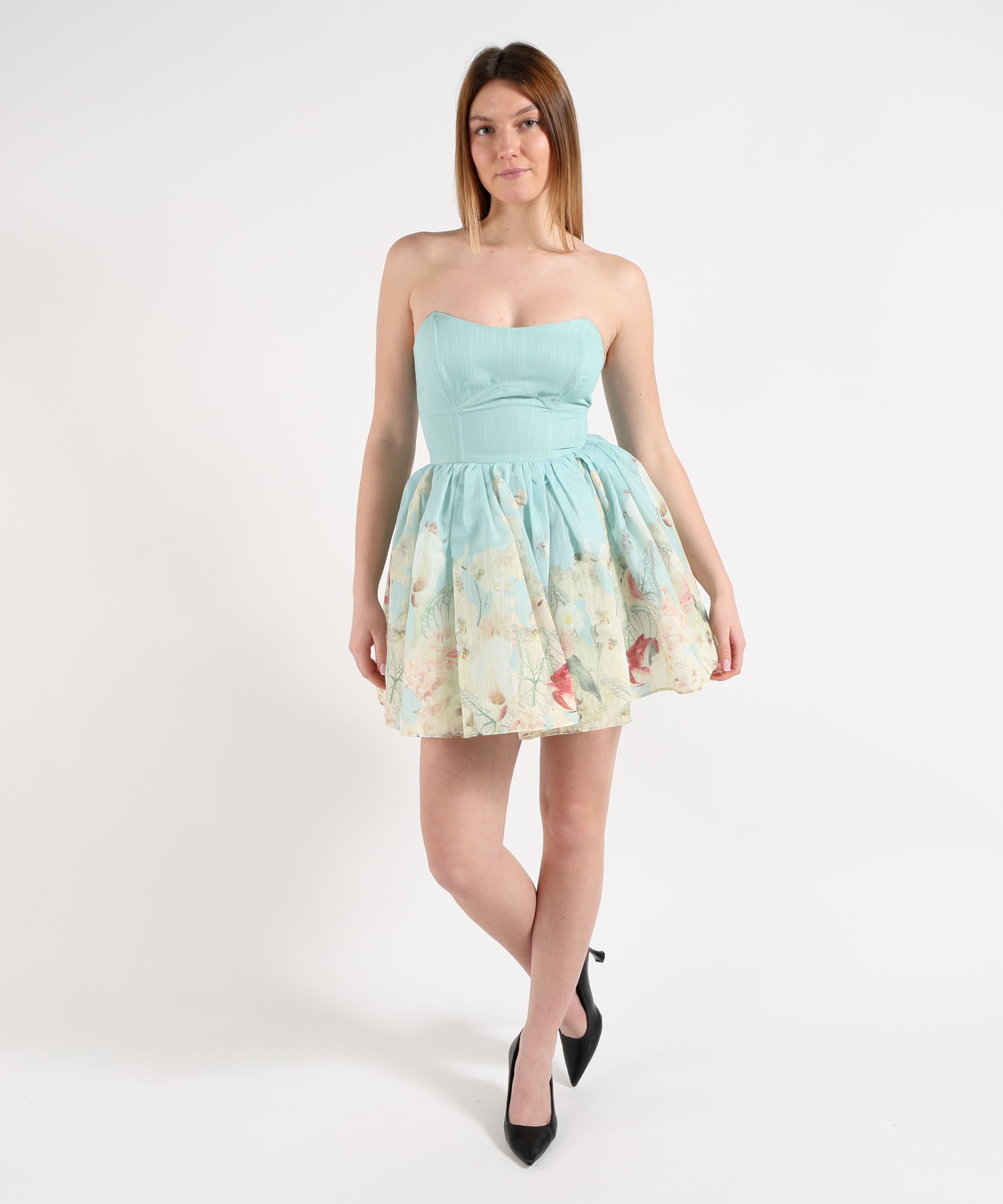 Amosa Abito corto con bustier e gonna a fiori