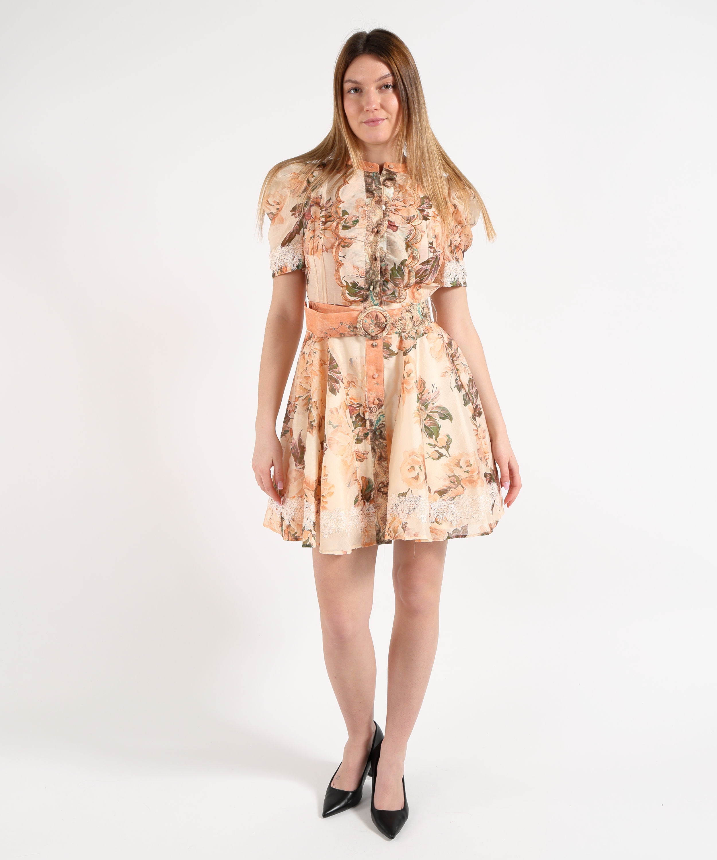 Amosa Abito Fantasia Floreale con Dettagli in Pizzo