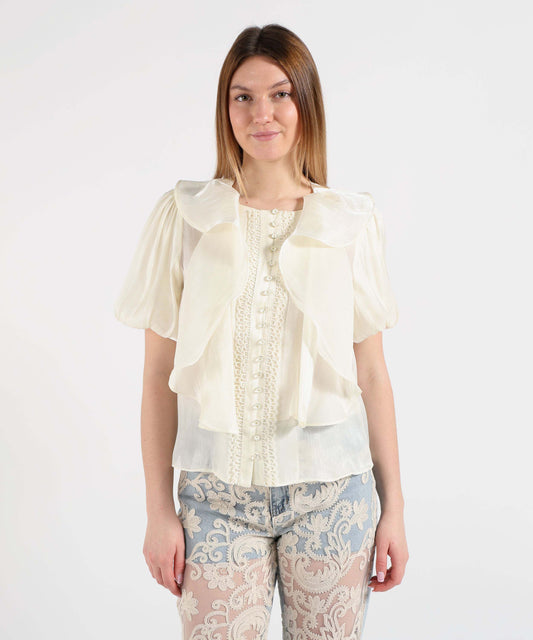 Amosa Camicia Donna Panna con Ruches e Merletto