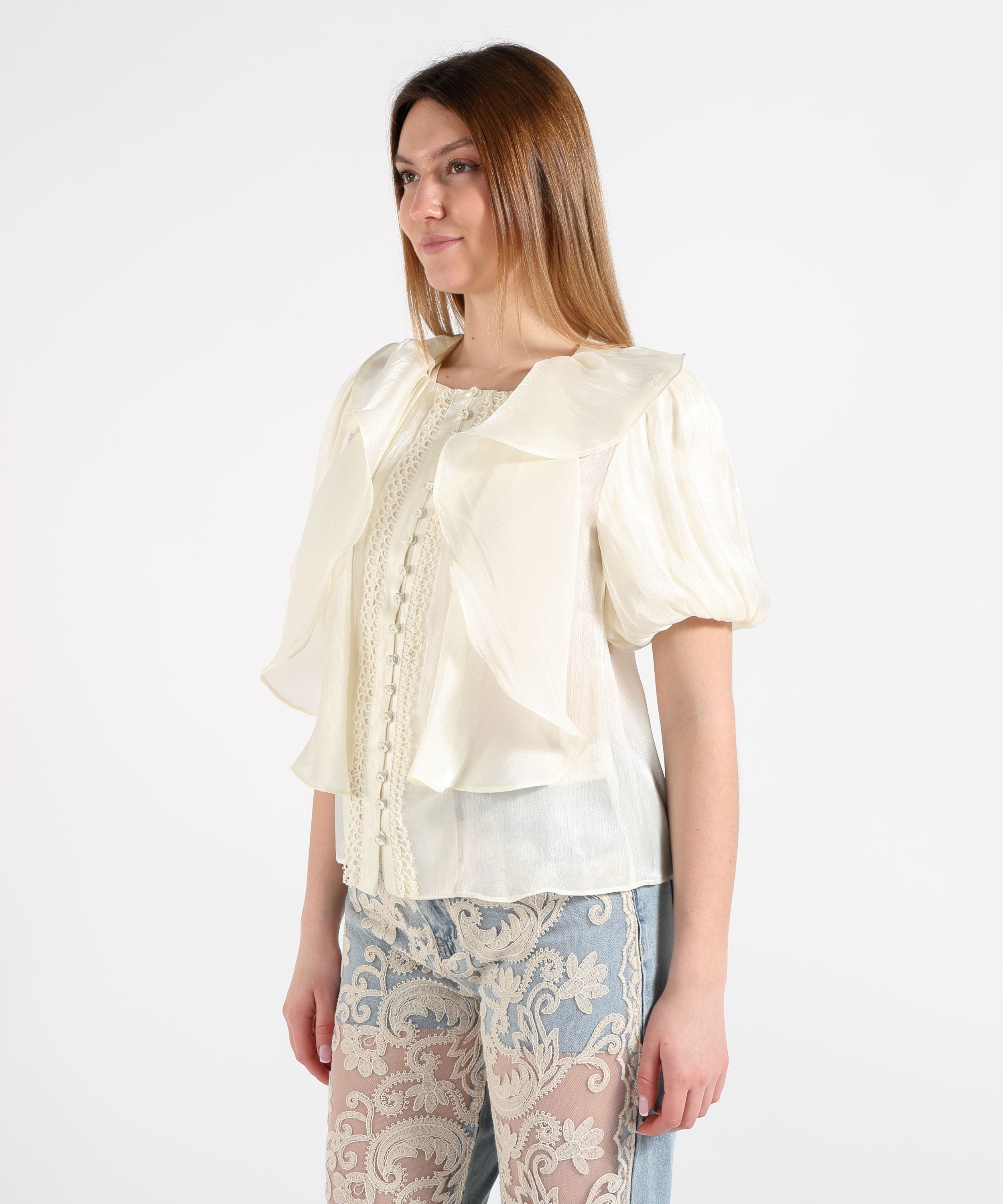 Amosa Camicia Donna Panna con Ruches e Merletto