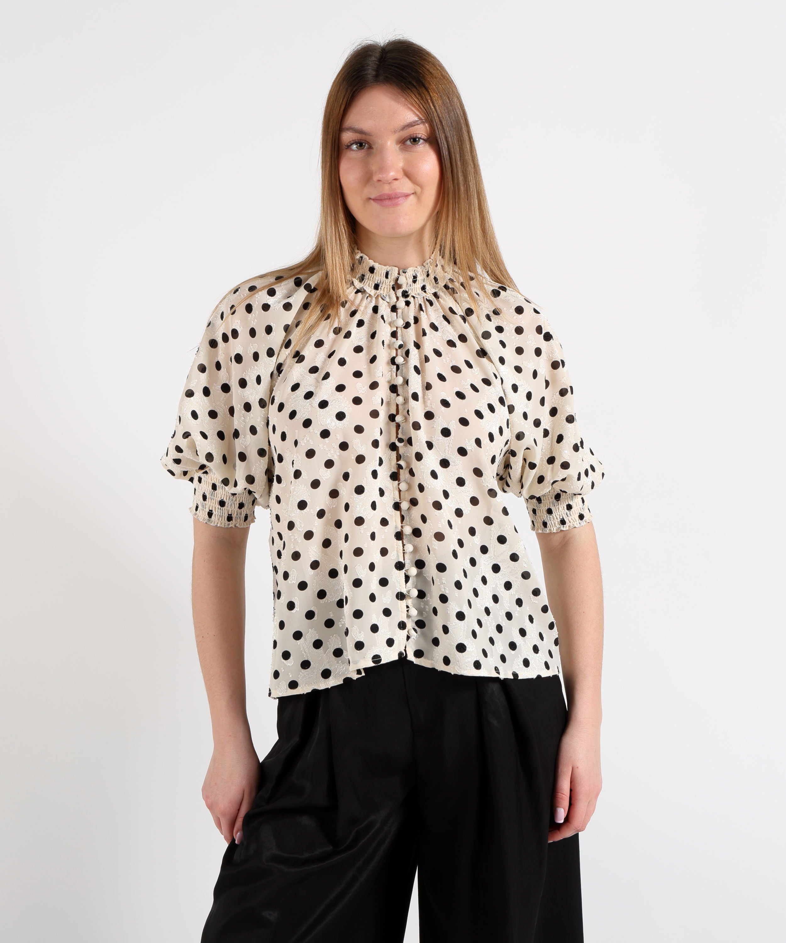 Amosa Camicia Donna a Pois con Fiori in Rilievo