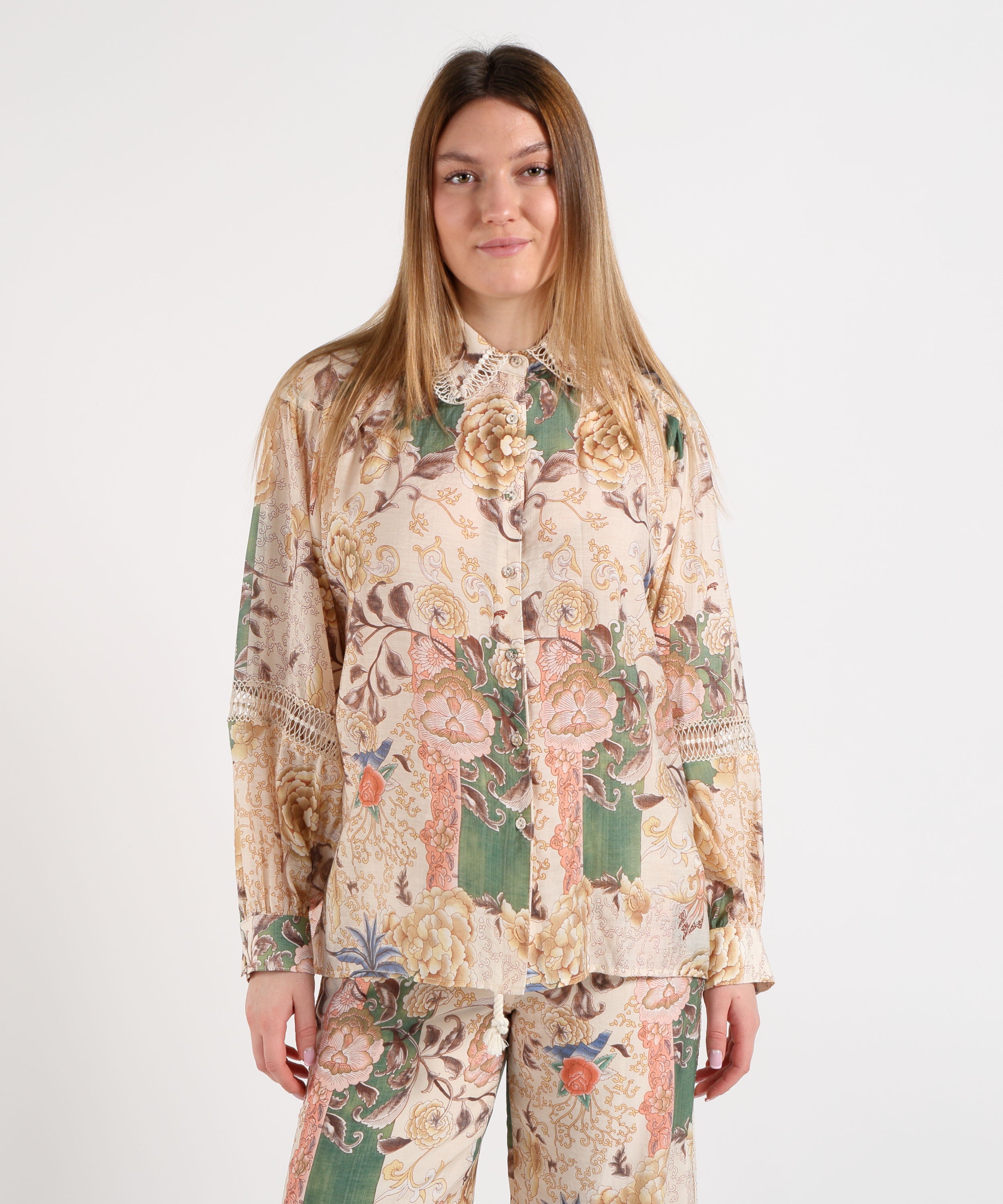 Amosa Camicia Donna Ampia Fantasia con Merletto