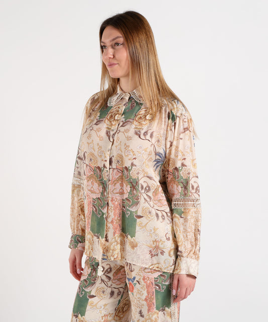Amosa Camicia Donna Ampia Fantasia con Merletto