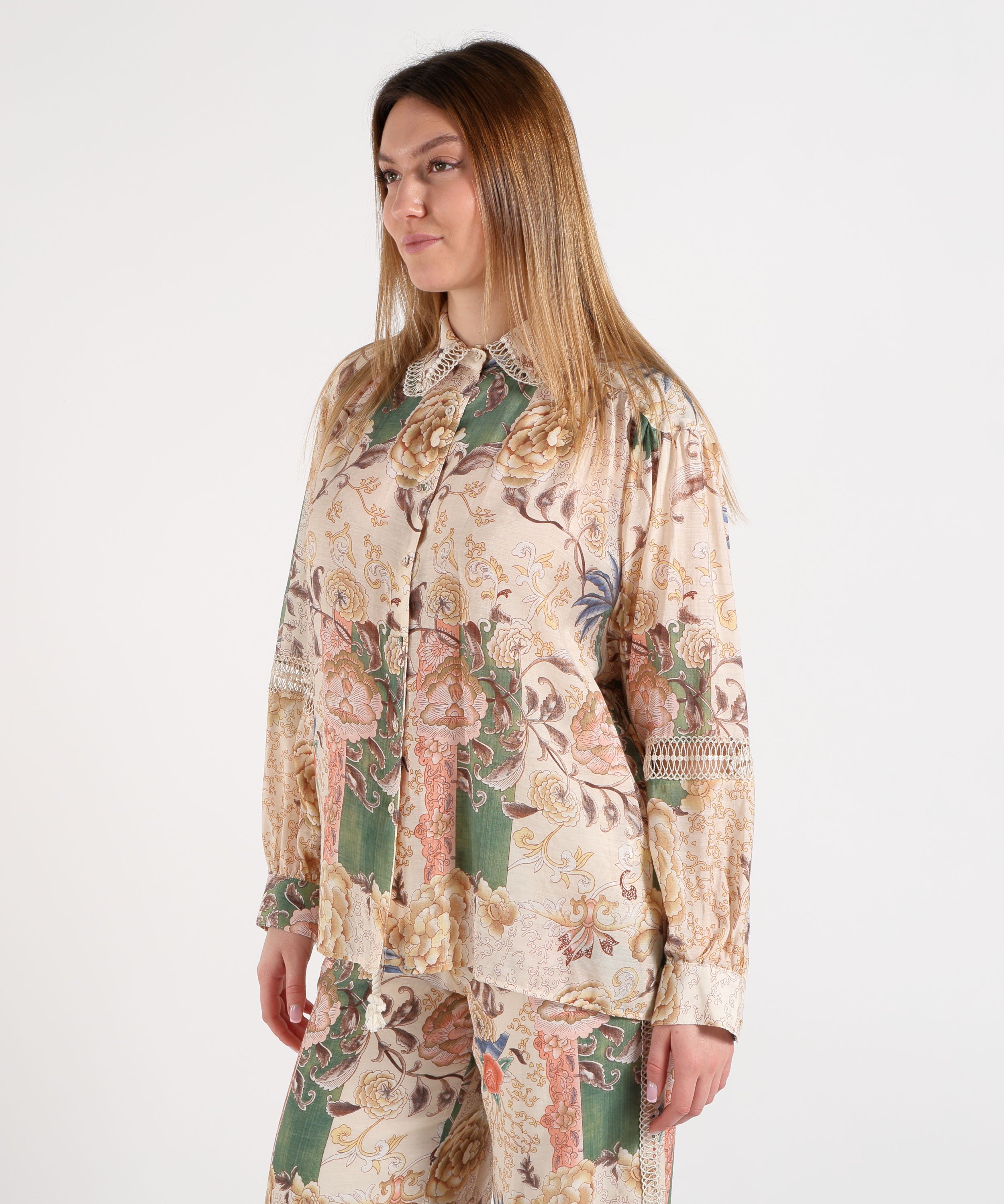 Amosa Camicia Donna Ampia Fantasia con Merletto