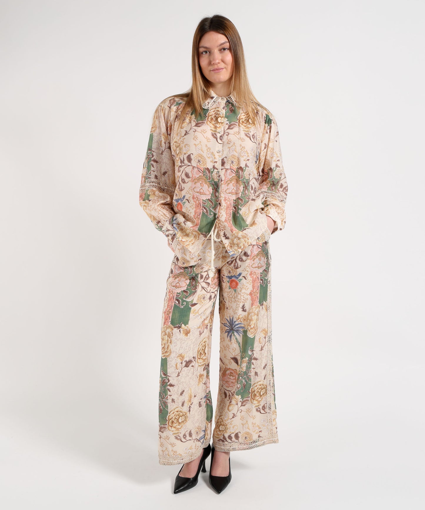 Amosa Pantalone Donna Morbido Fantasia con Cintura e Merletto