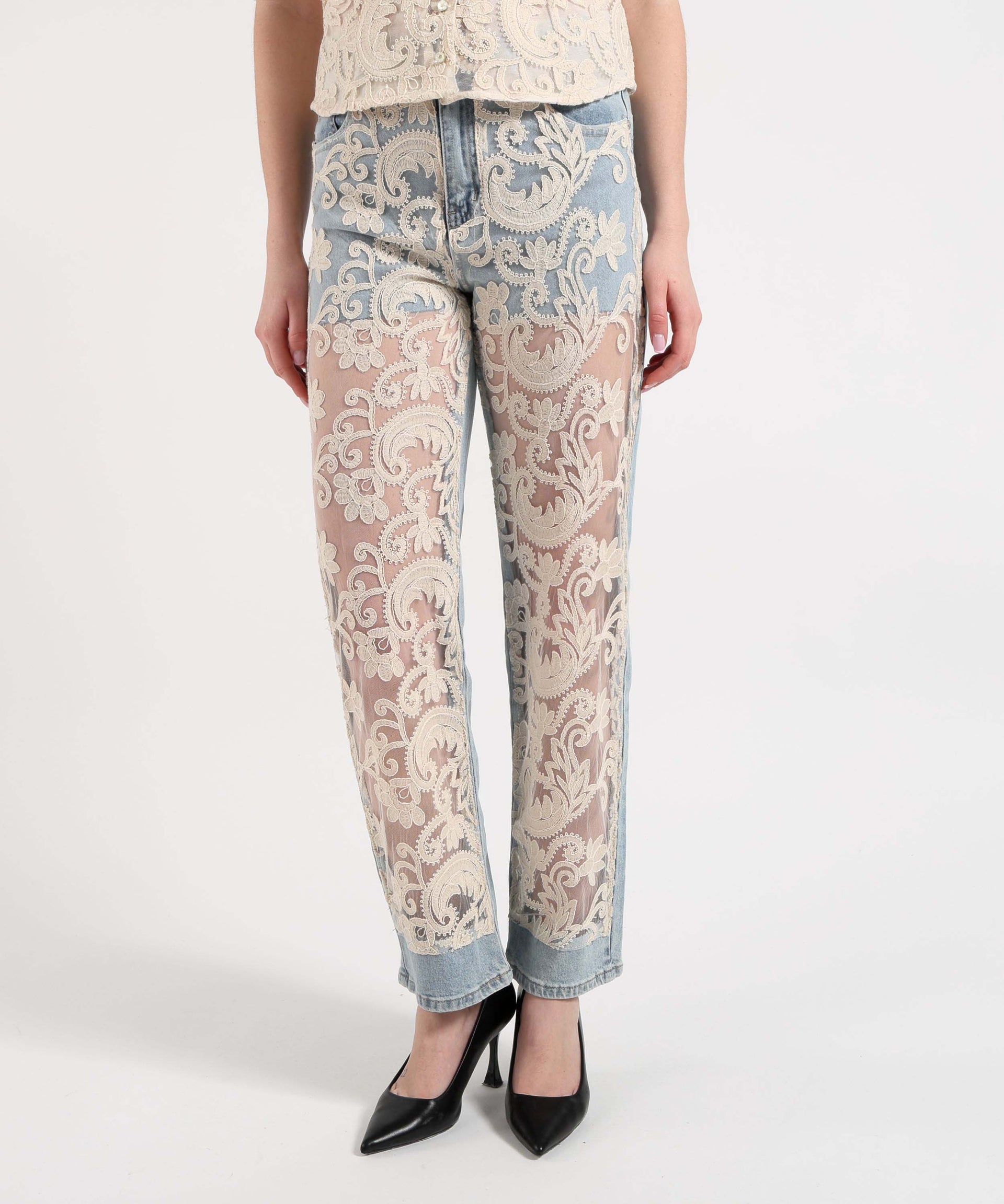 Amosa Jeans Donna Dritto con Inserto in Tulle Ricamato