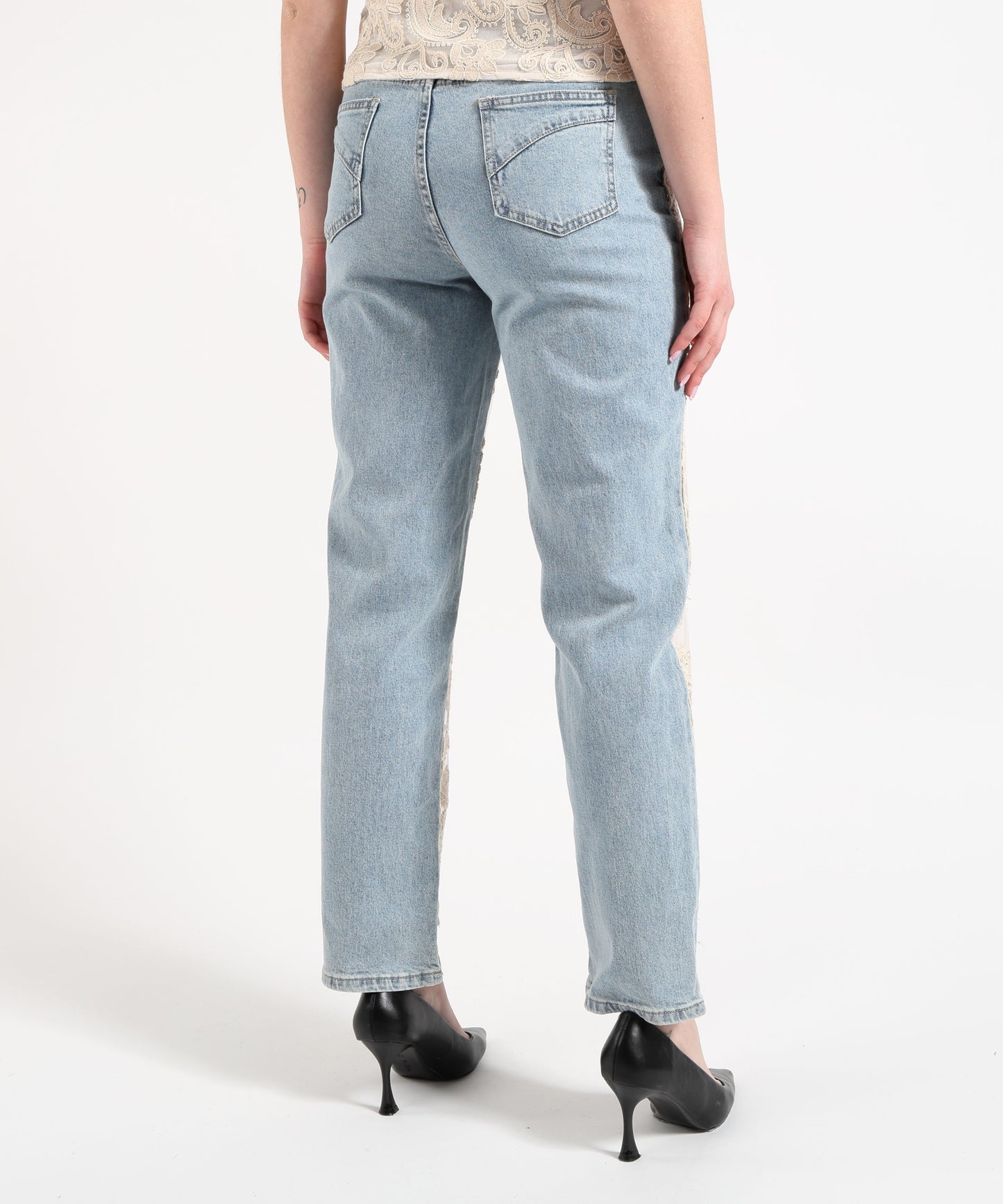 Amosa Jeans Donna Dritto con Inserto in Tulle Ricamato