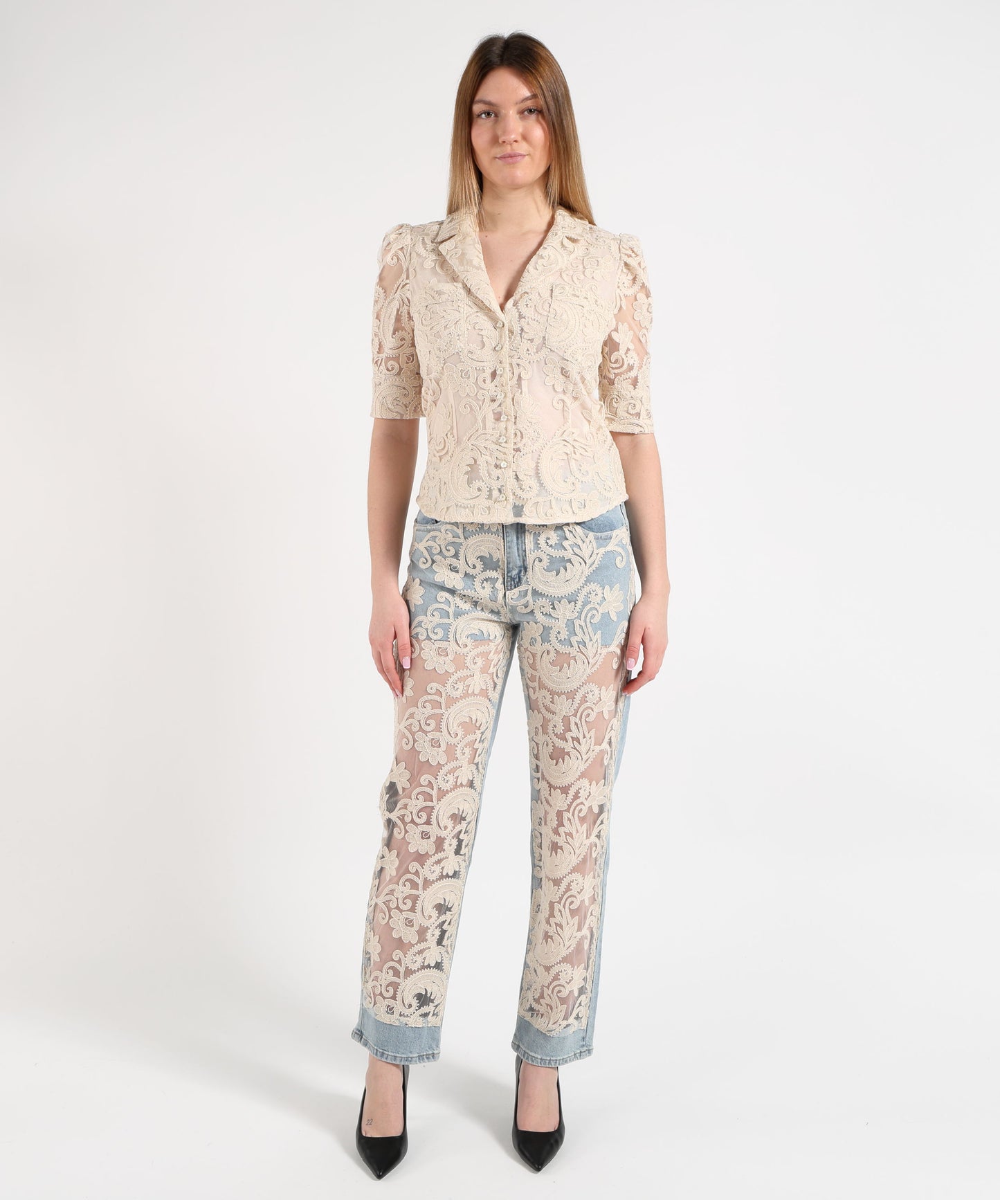 Amosa Jeans Donna Dritto con Inserto in Tulle Ricamato