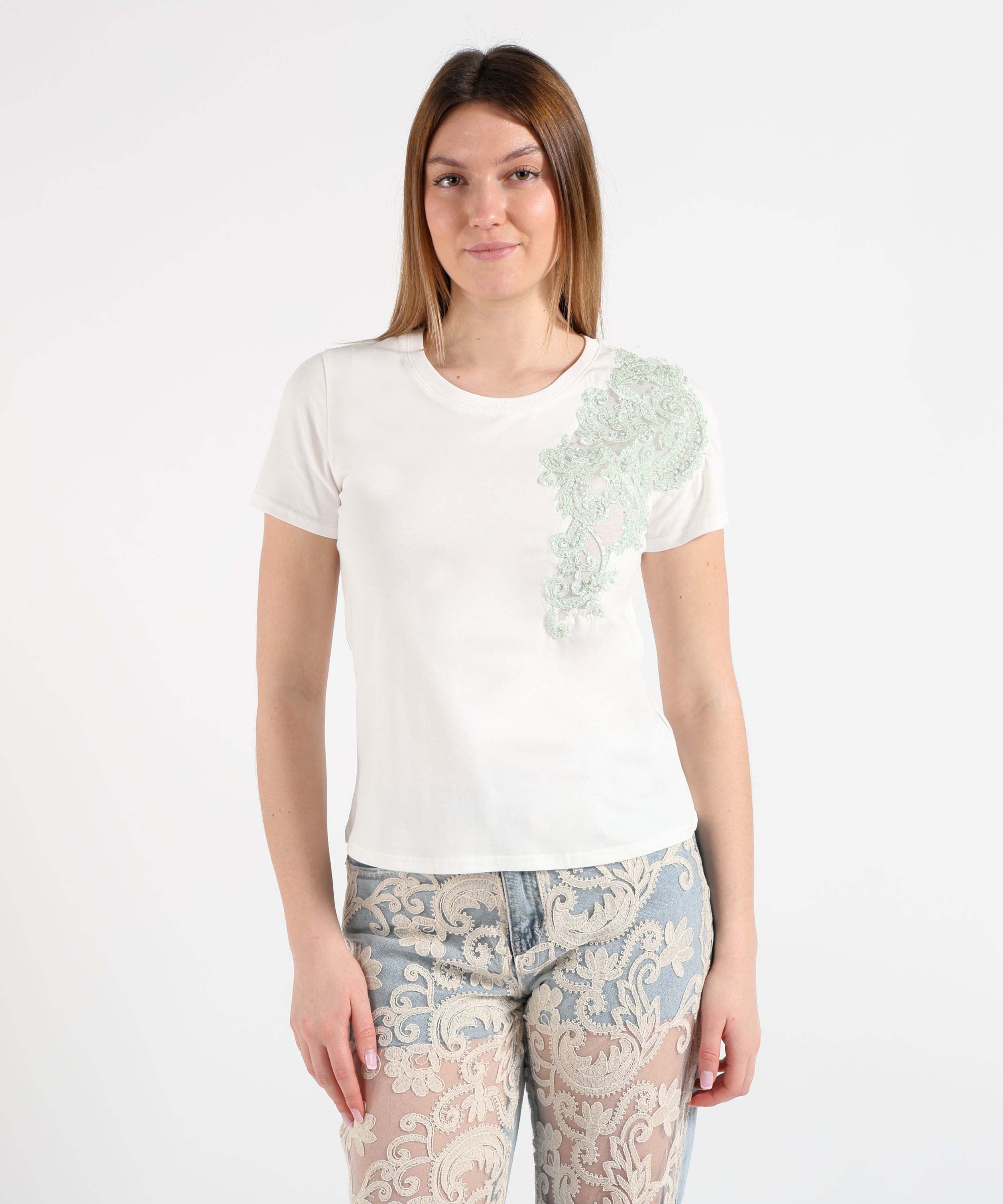 Amosa T-shirt Donna Bianca con Inserto Ricamato e Perline Verdi