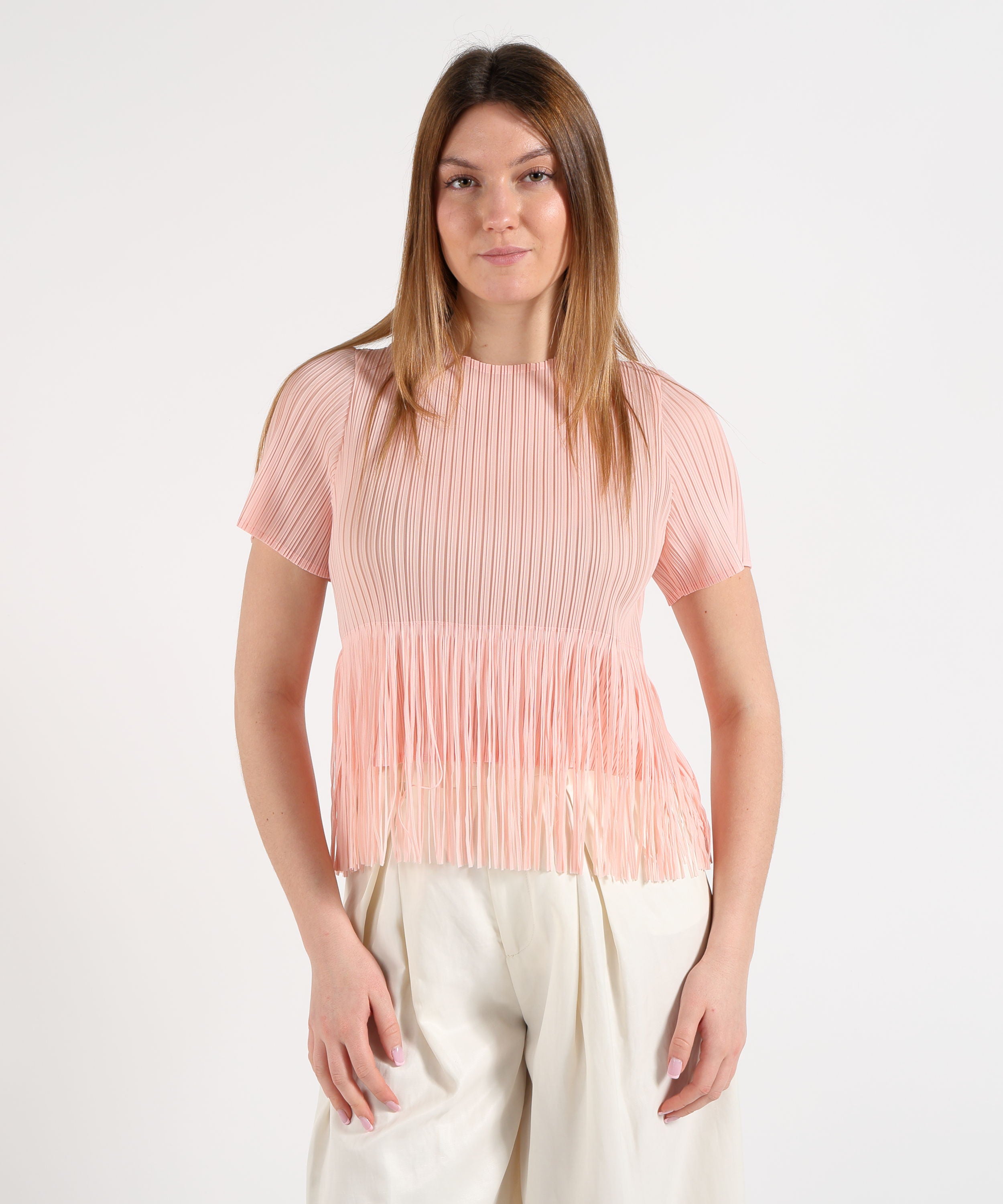 Amosa T-shirt Donna con Frange e Effetto Costine