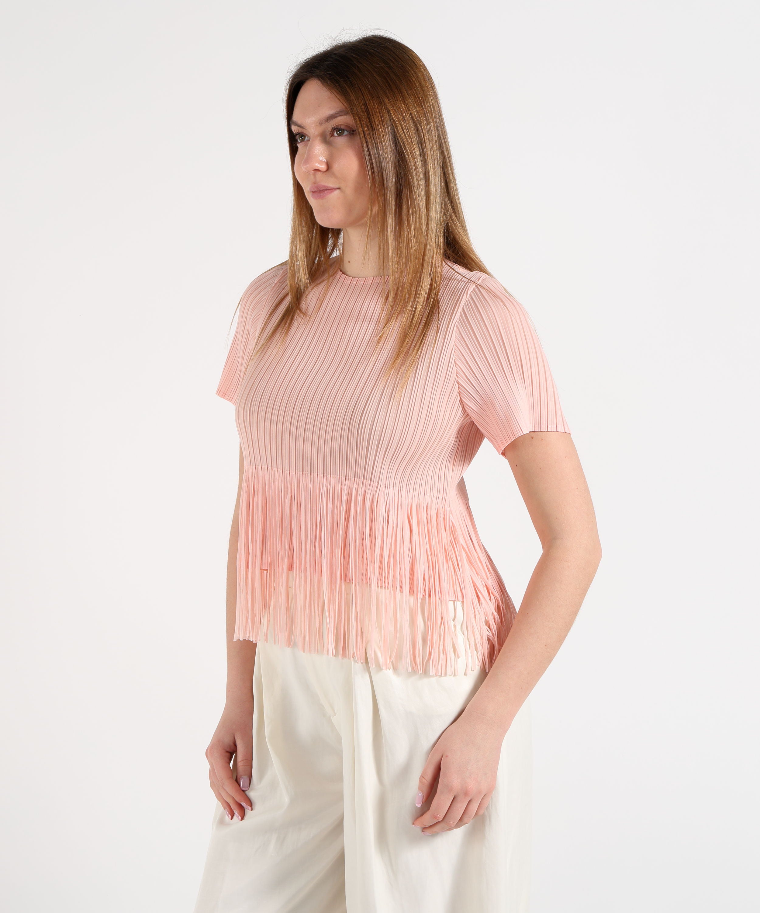 Amosa T-shirt Donna con Frange e Effetto Costine