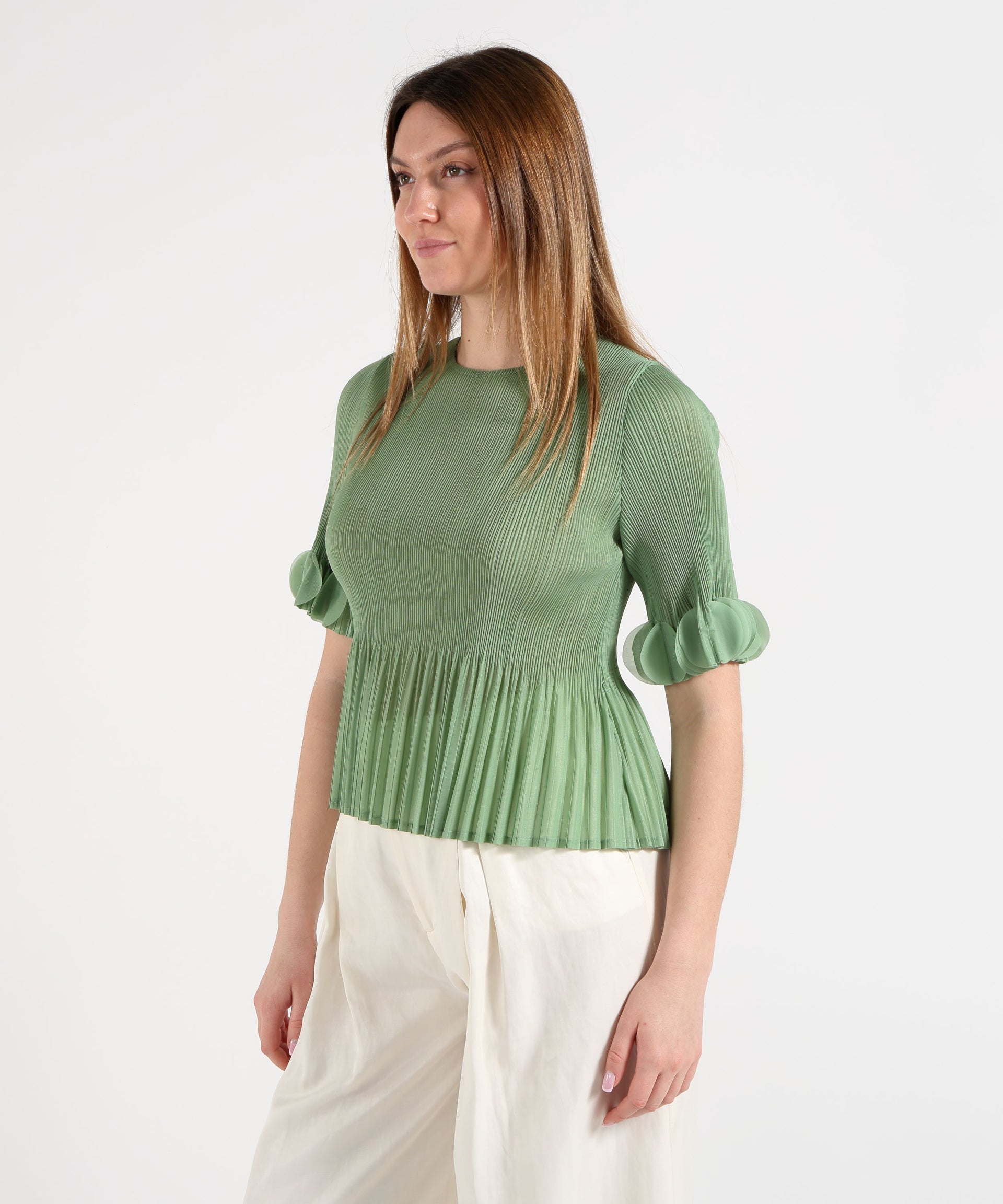 Amosa T-shirt Donna Verde Effetto Costina con Inserti sulle Maniche