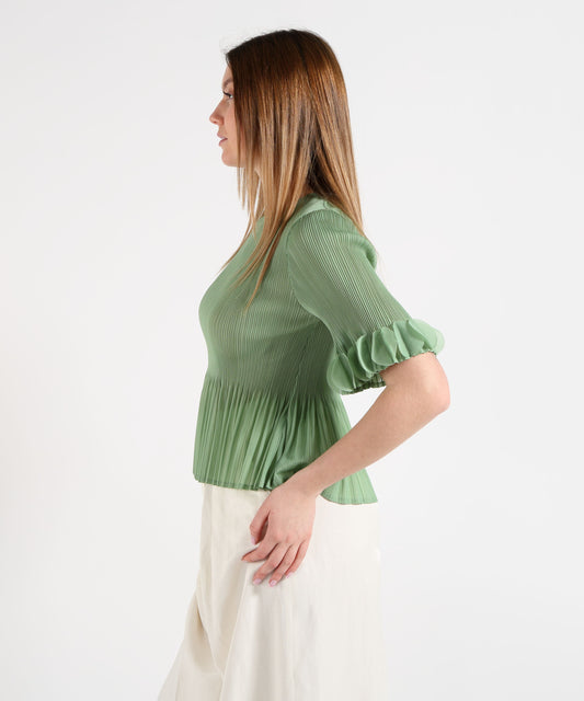 Amosa T-shirt Donna Verde Effetto Costina con Inserti sulle Maniche