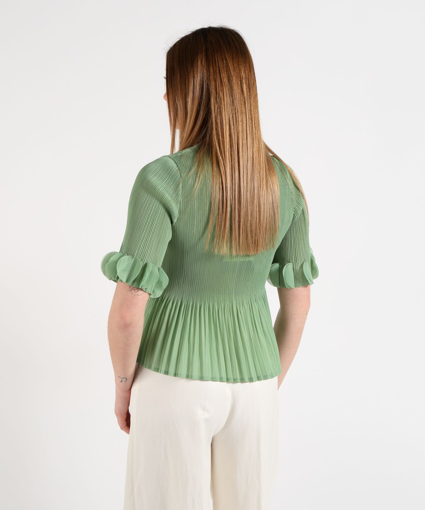 Amosa T-shirt Donna Verde Effetto Costina con Inserti sulle Maniche