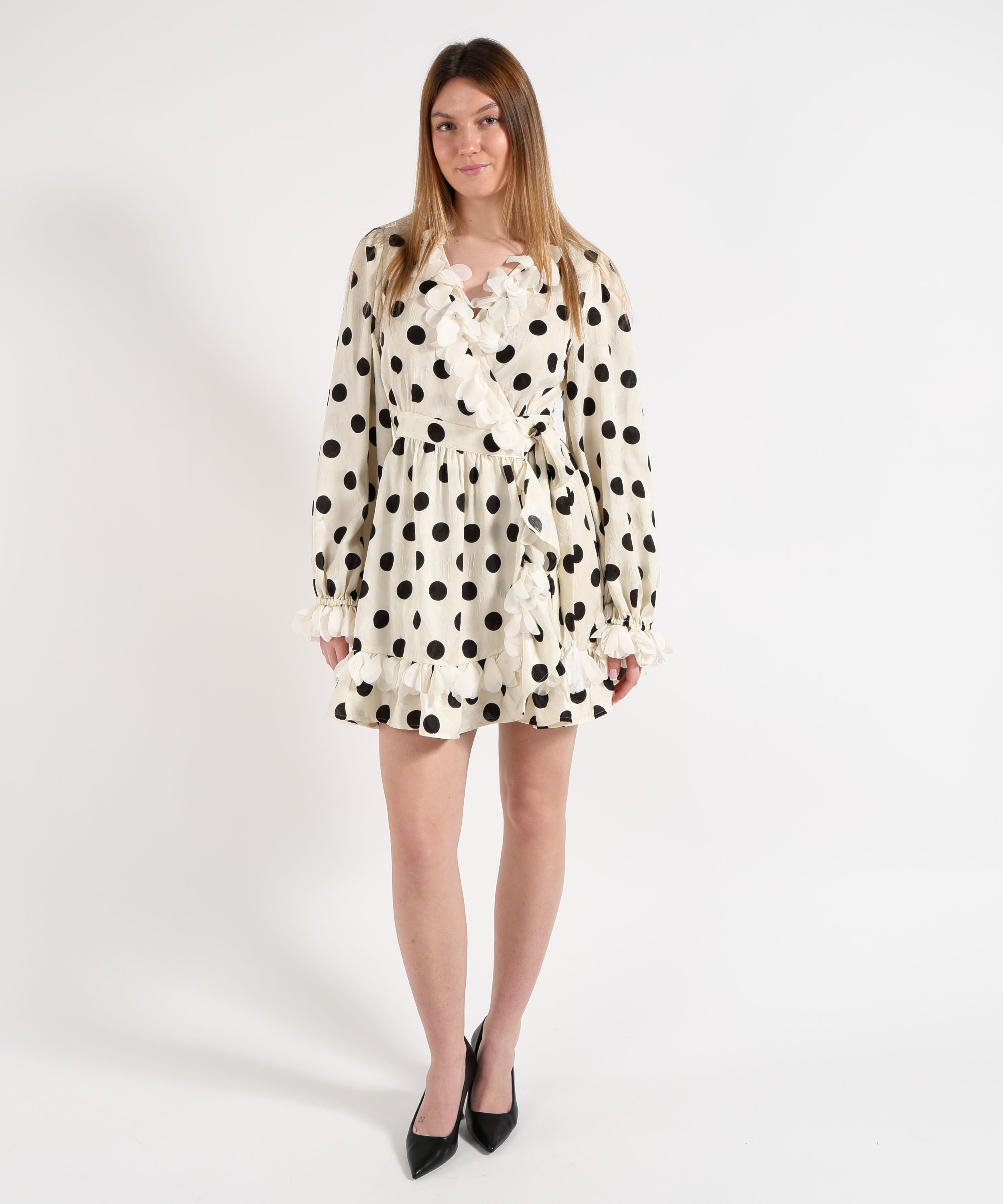 Amosa Abito Donna Corto a Pois con Applicazioni Floreali