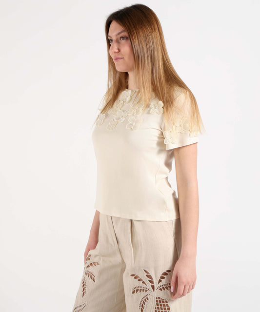 Amosa T-shirt Donna Ecru con Applicazioni Floreali