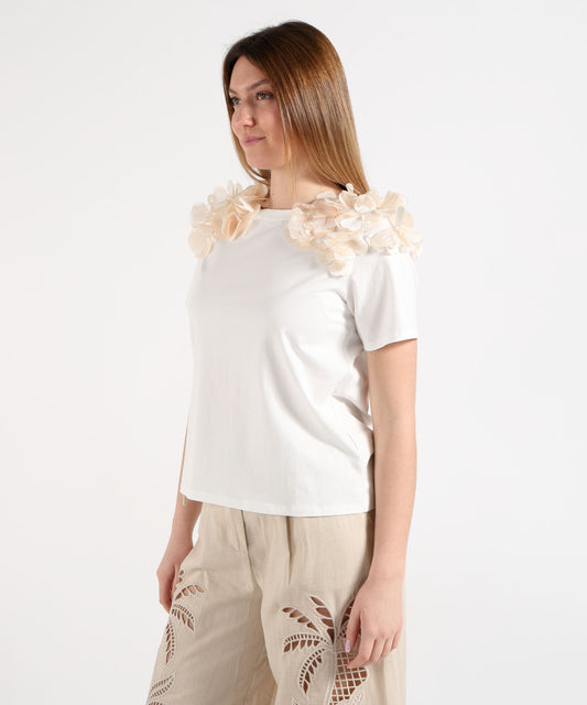 Amosa T-shirt Donna Bianca con Fiori a Contrasto