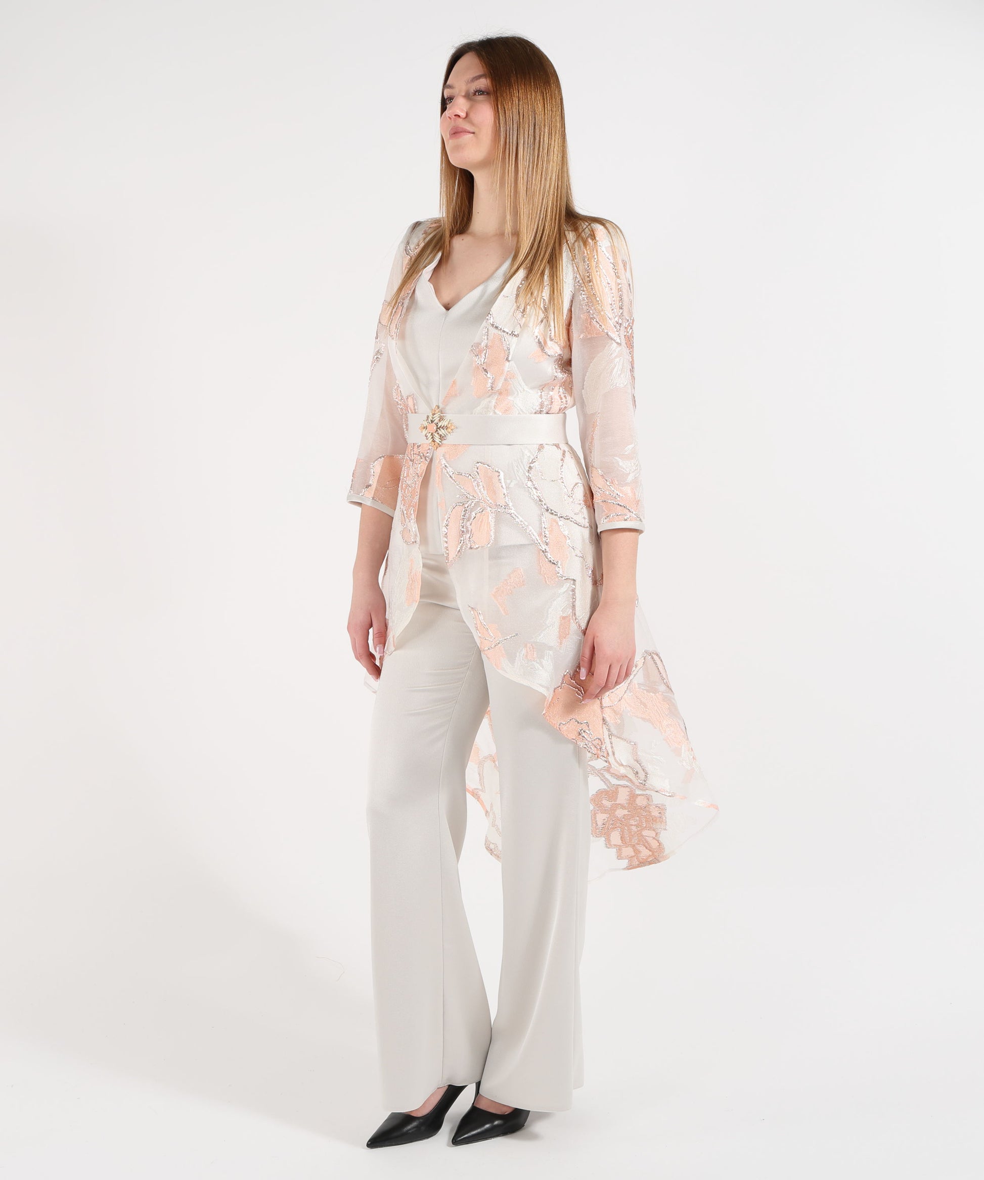 Outfits SONIA PENA Women’s set with duster coat, top, and trousers Salmone | SONIA PENA