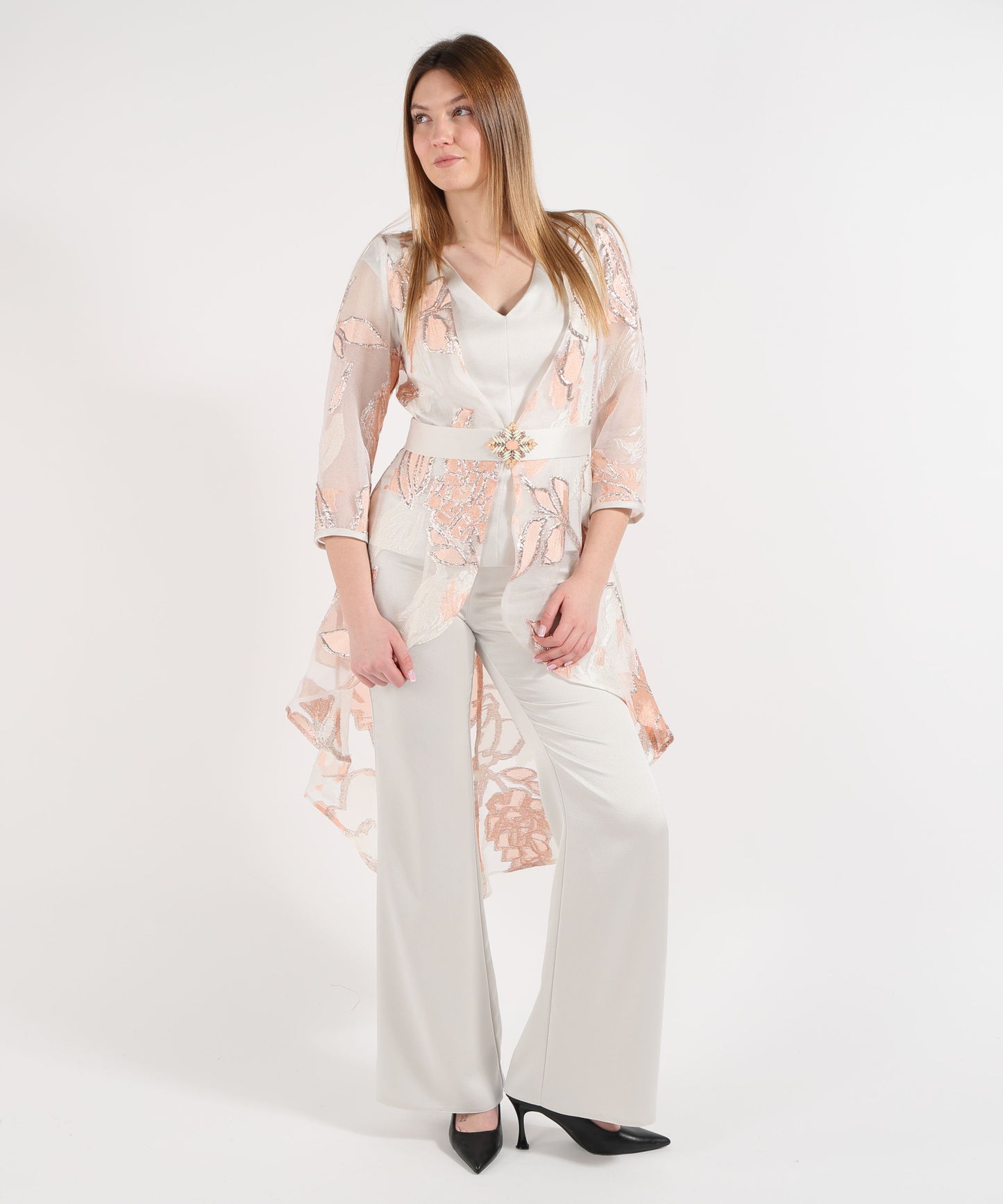 SONIA PENA Women’s set with duster coat, top, and trousers