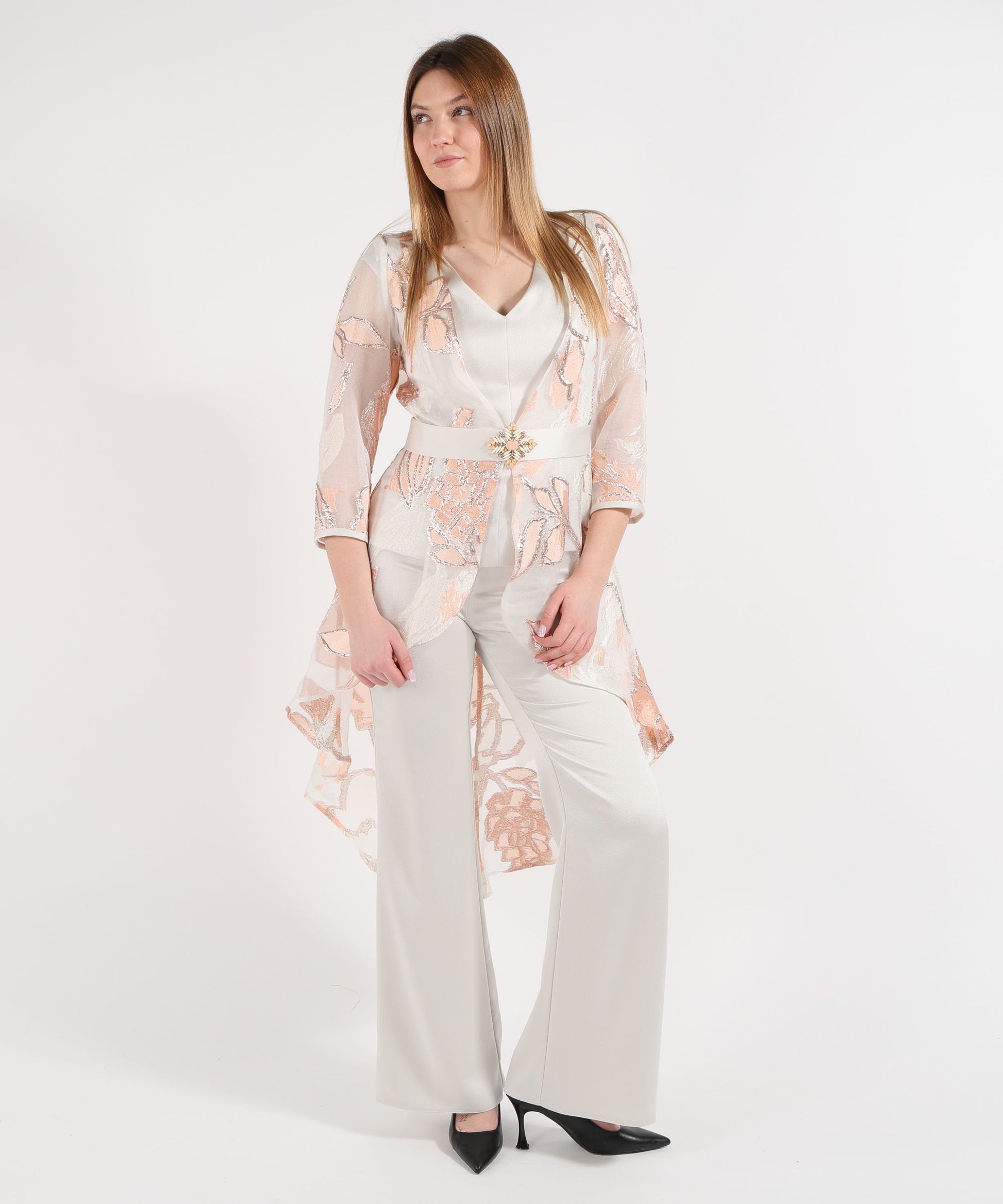 Outfits SONIA PENA Women’s set with duster coat, top, and trousers Salmone | SONIA PENA