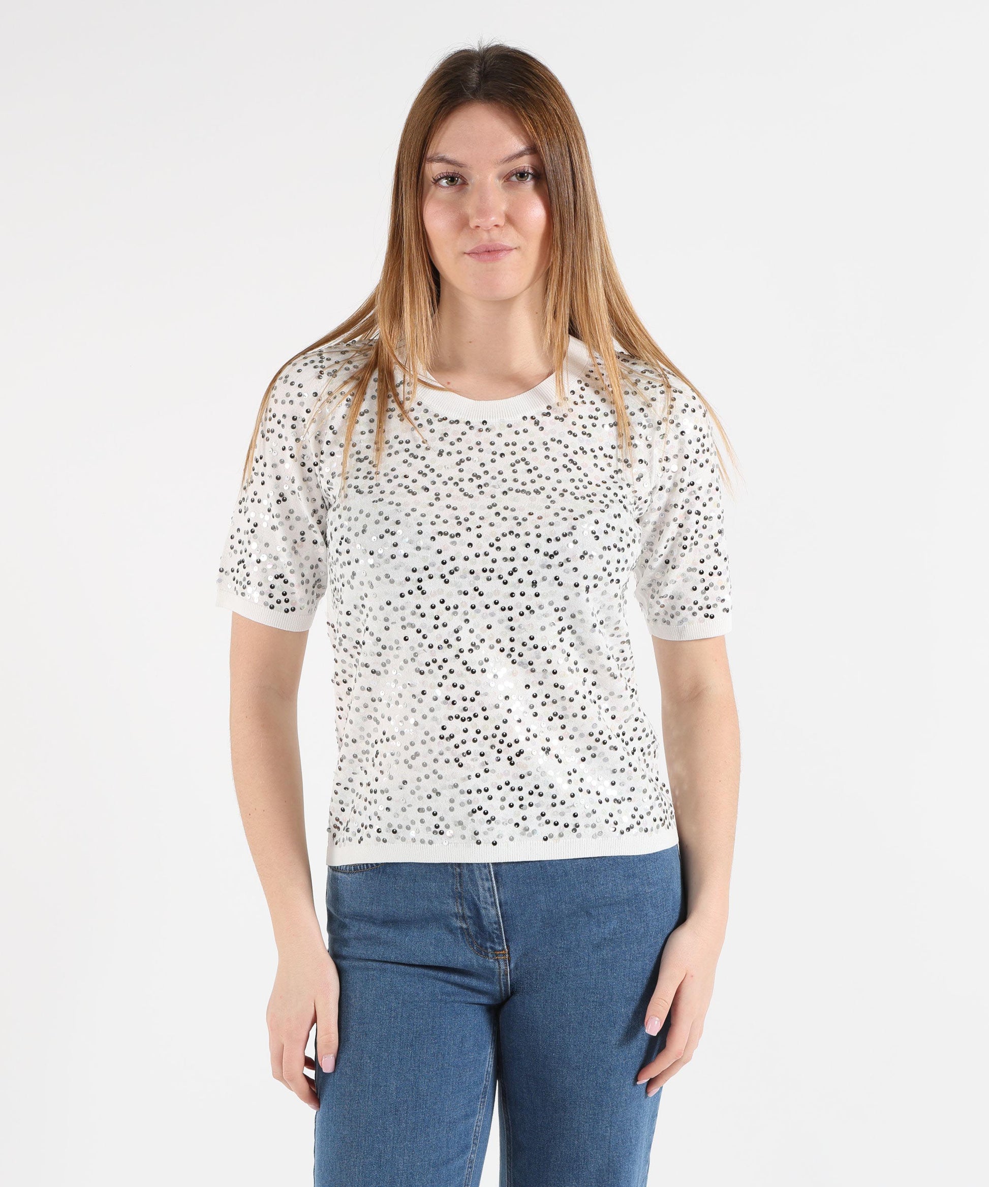 T-shirt SEVENTY T-shirt Donna Bianca con Applicazioni di Paillettes Panna | SEVENTY