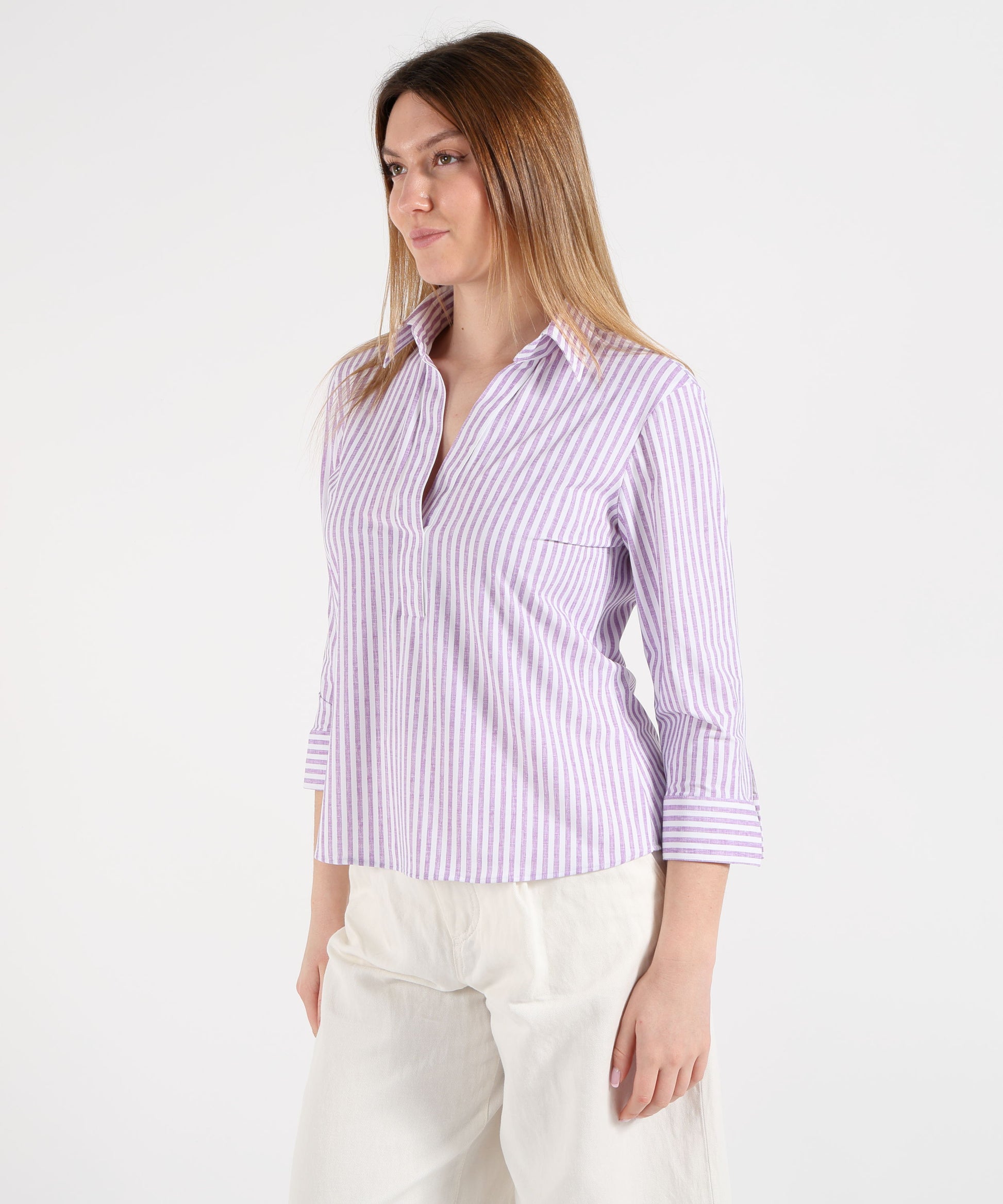 Shirts GHIRARDELLI Women’s Buttonless V-Neck Shirt Rigata glicine/bianco | GHIRARDELLI