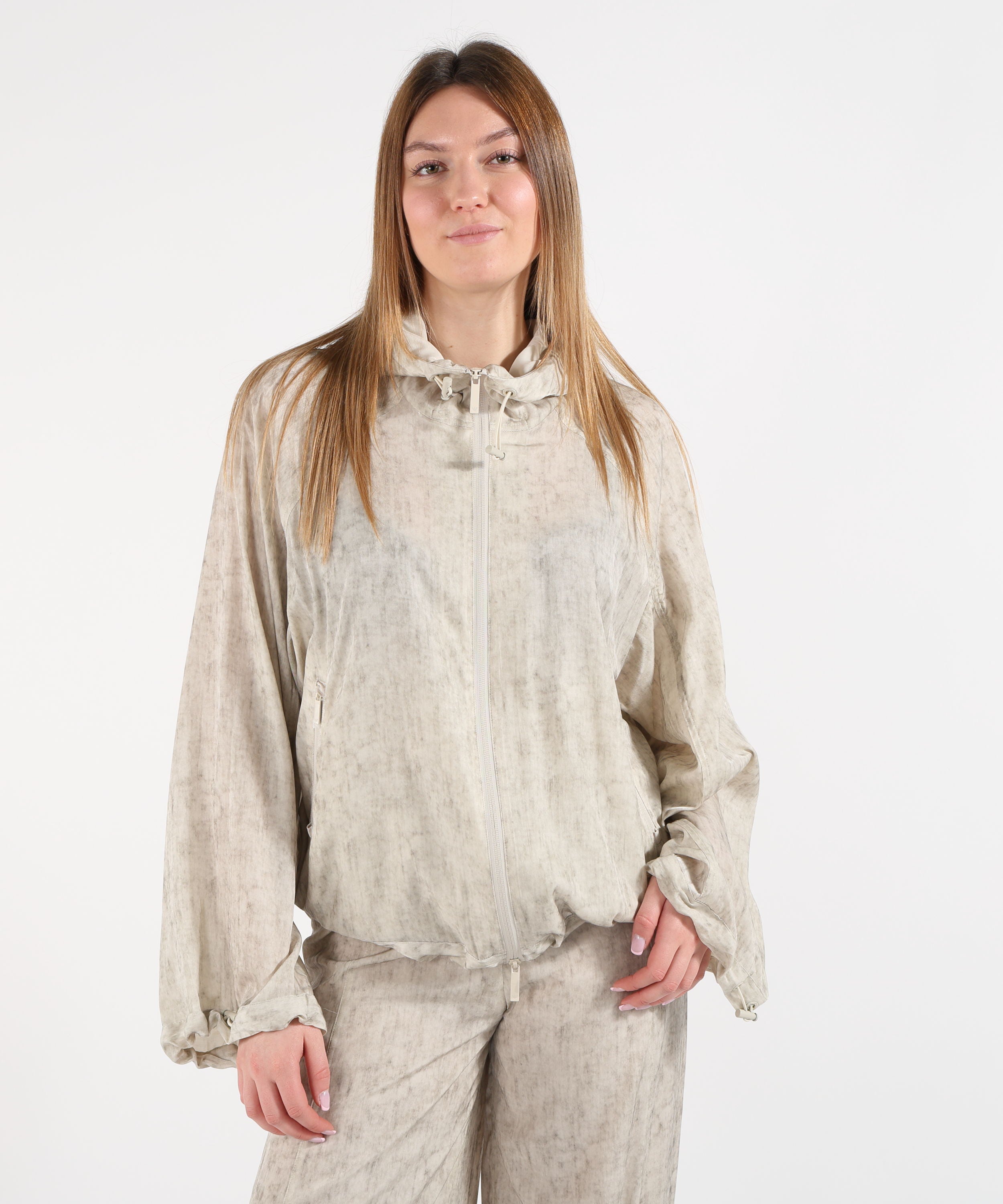 Jackets EMPORIO ARMANI Hooded Blouson in Fluid Fabric with Washed-Effect Print Beige | EMPORIO ARMANI
