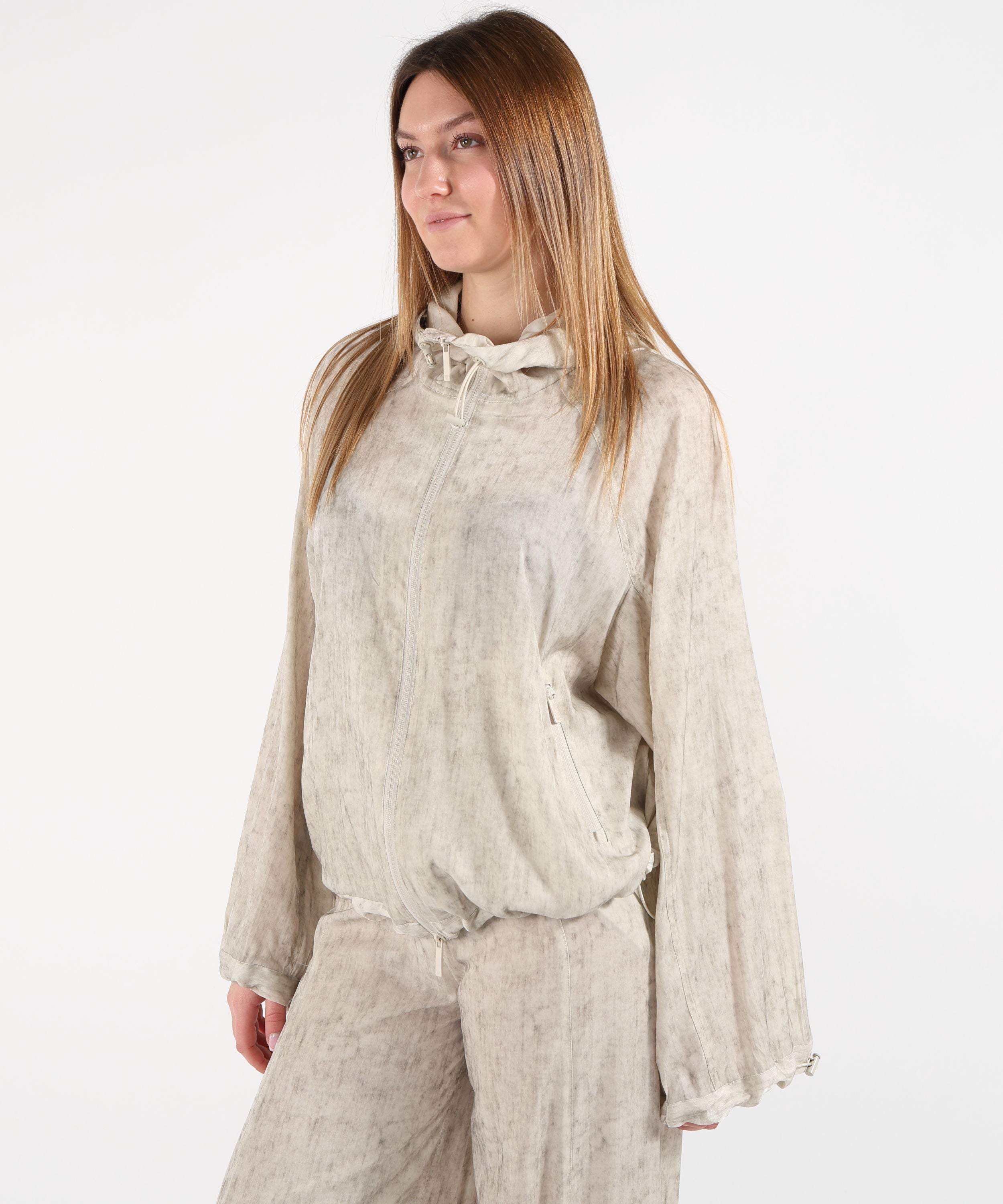 Jackets EMPORIO ARMANI Hooded Blouson in Fluid Fabric with Washed-Effect Print Beige | EMPORIO ARMANI