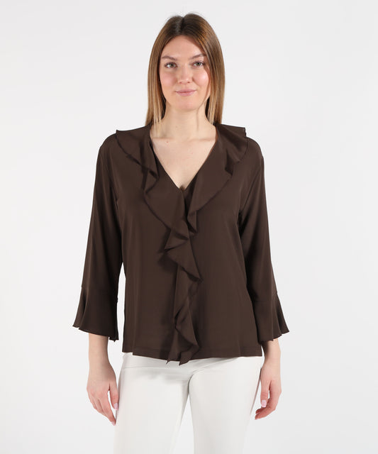 T-shirt SEVENTY Blusa Donna con Scollo a V e Ruches Marrone | SEVENTY