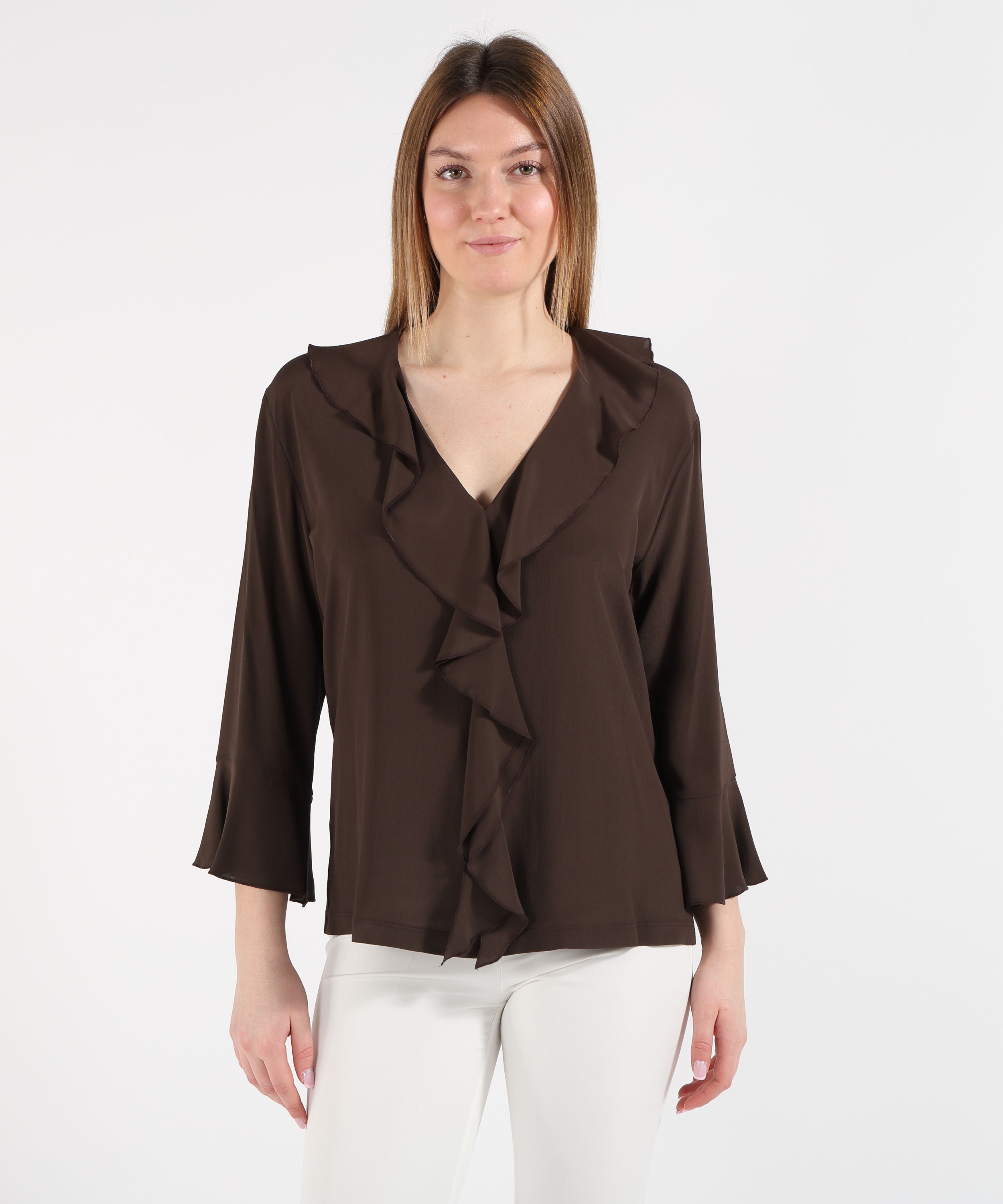T-shirt SEVENTY Blusa Donna con Scollo a V e Ruches Marrone | SEVENTY