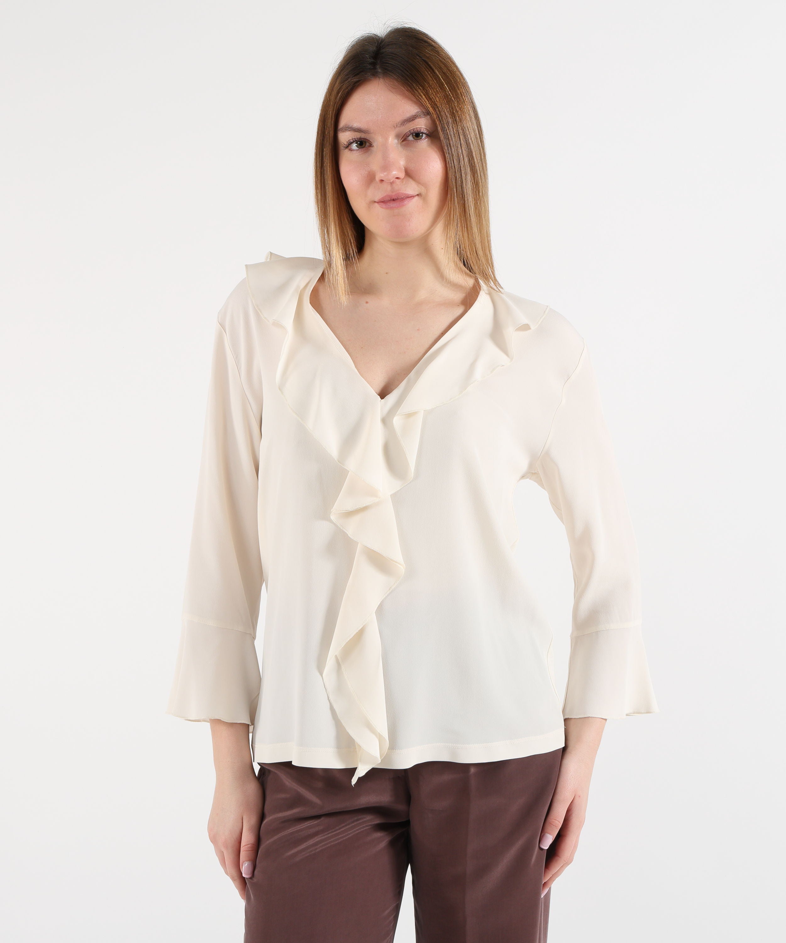 T-shirt SEVENTY Blusa Donna con Scollo a V e Ruches Panna | SEVENTY