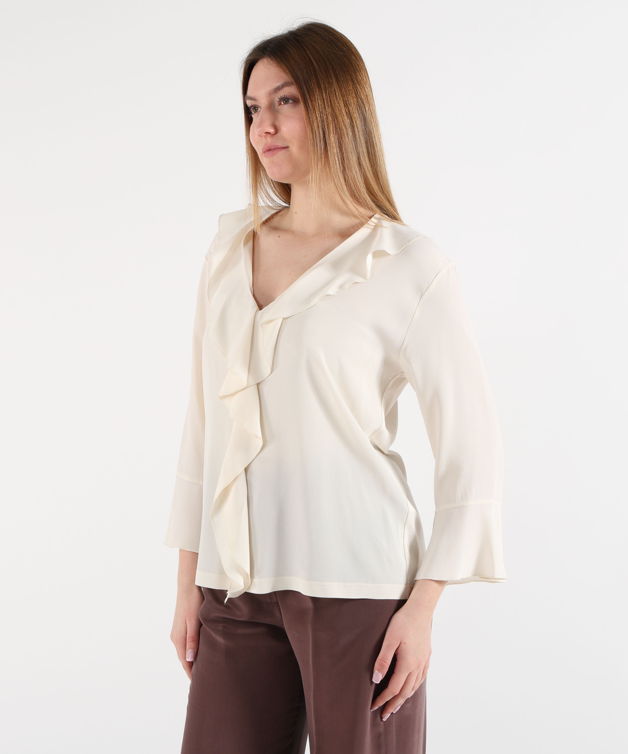 T-shirt SEVENTY Blusa Donna con Scollo a V e Ruches Panna | SEVENTY