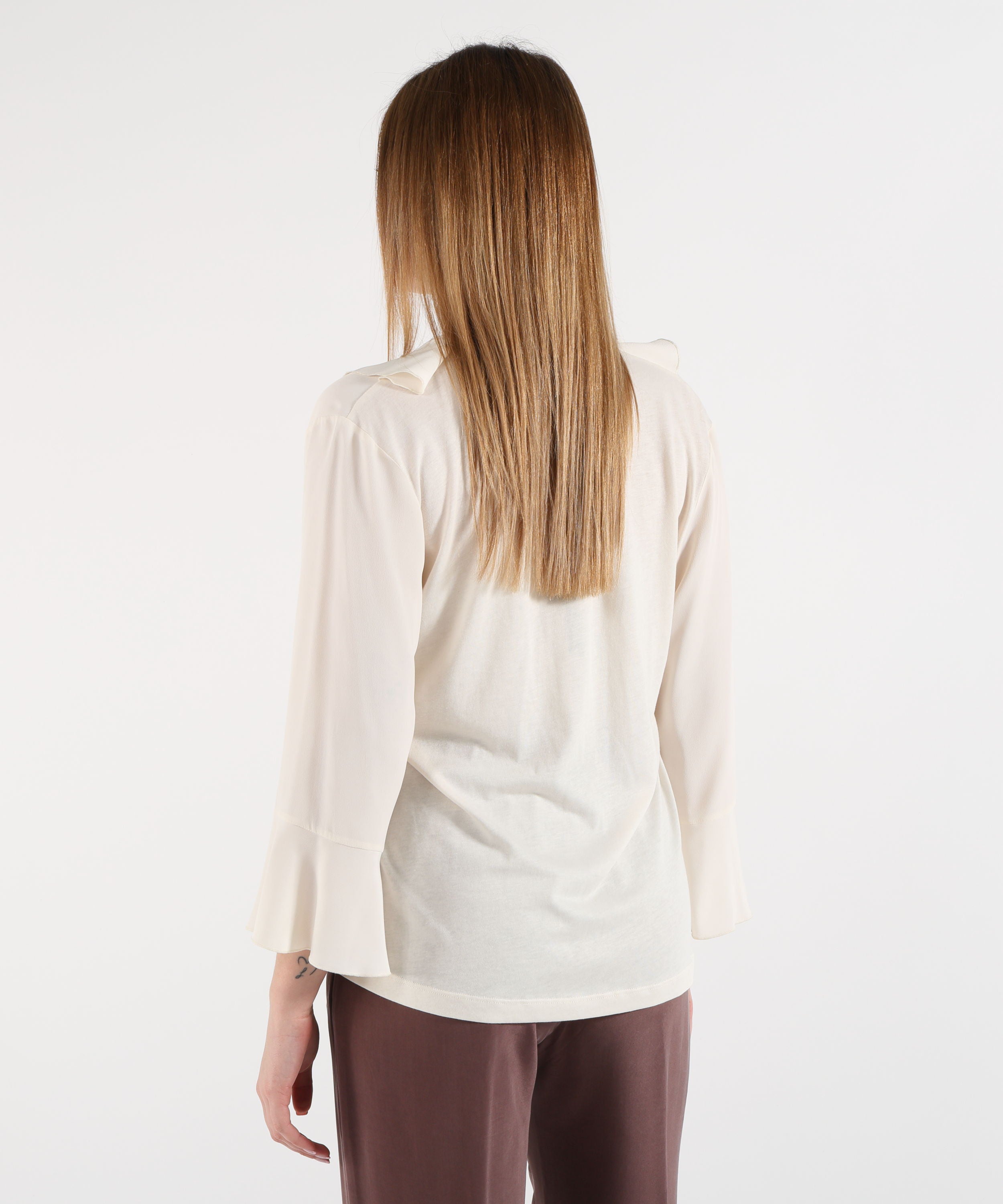 T-shirt SEVENTY Blusa Donna con Scollo a V e Ruches Panna | SEVENTY