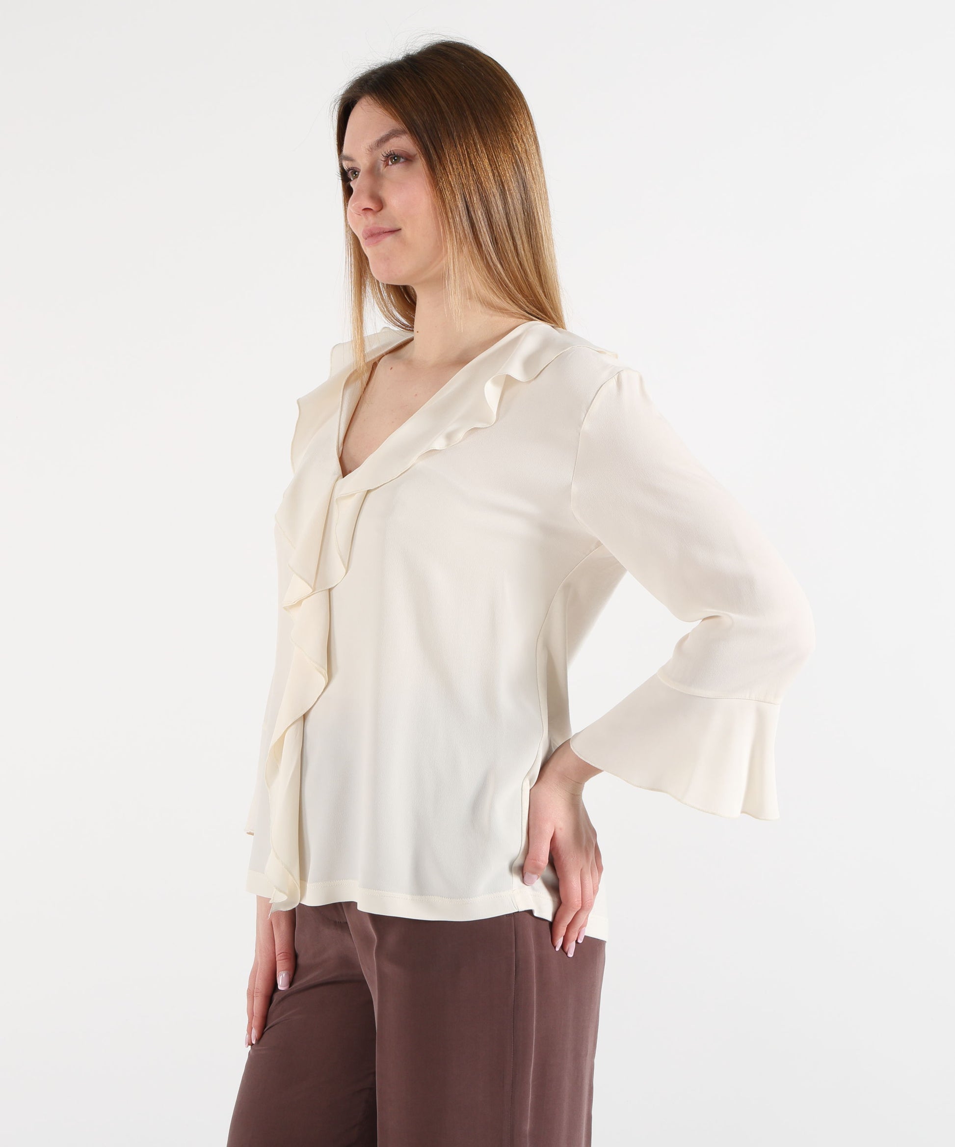 T-shirt SEVENTY Blusa Donna con Scollo a V e Ruches Panna | SEVENTY