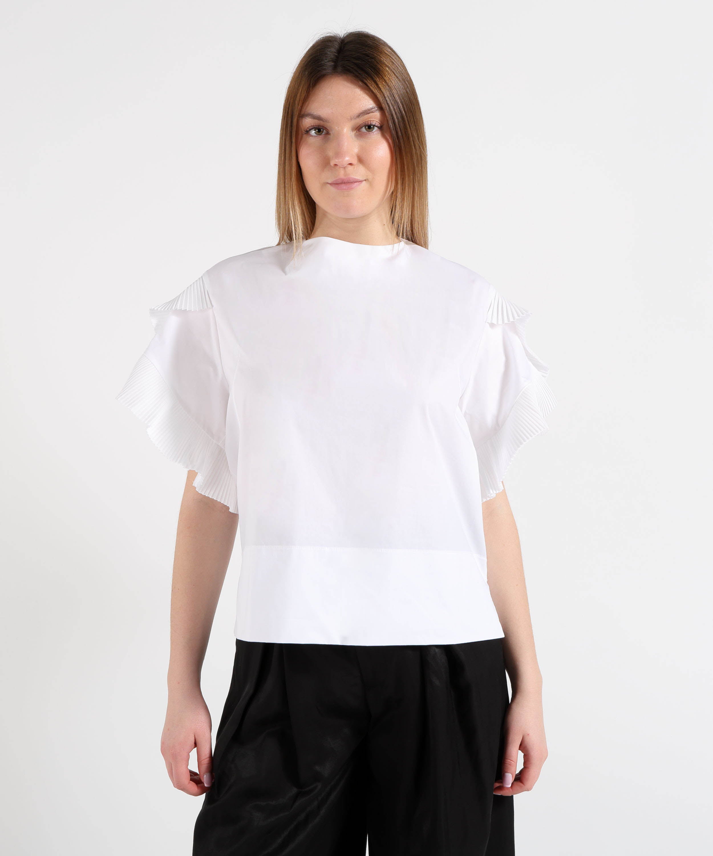 Blouses MEIMEI Women's Oversized T‑Shirt with Pleated Ruffles Bianco | MEIMEI