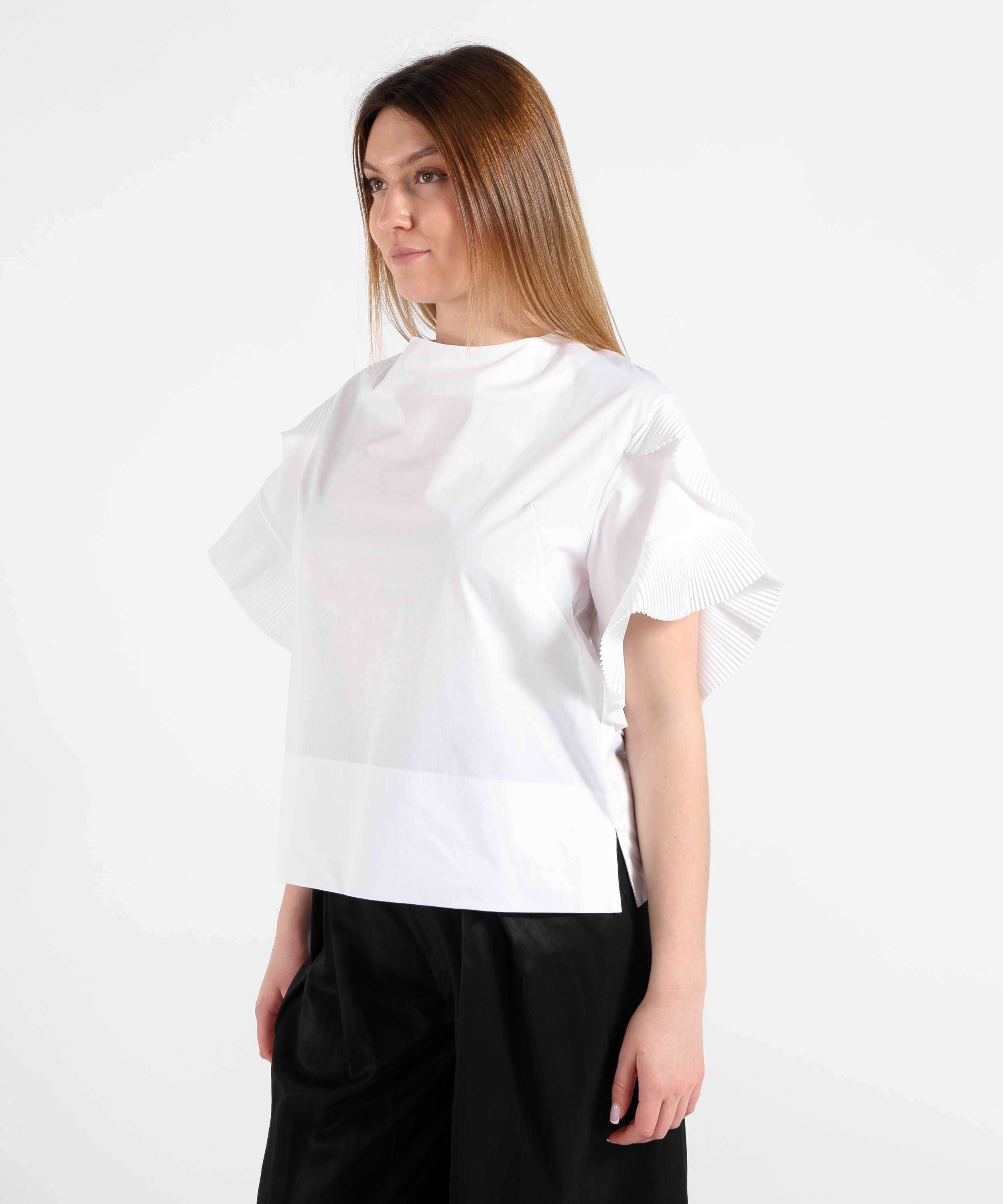 Blouses MEIMEI Women's Oversized T‑Shirt with Pleated Ruffles Bianco | MEIMEI