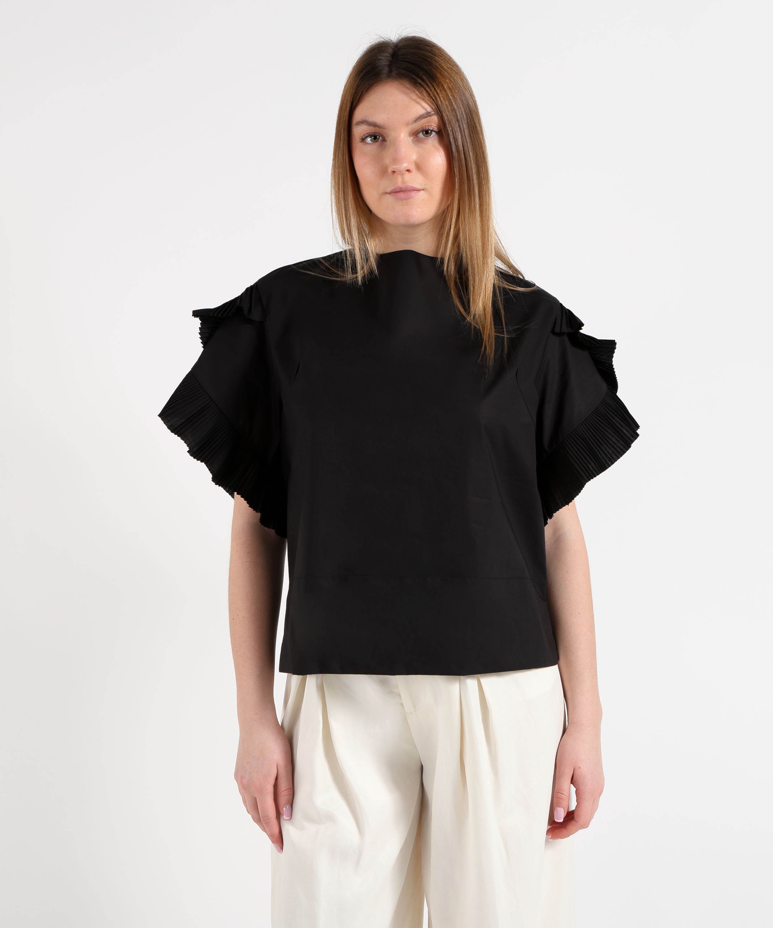 Blouses MEIMEI Women's Oversized T‑Shirt with Pleated Ruffles Nero | MEIMEI
