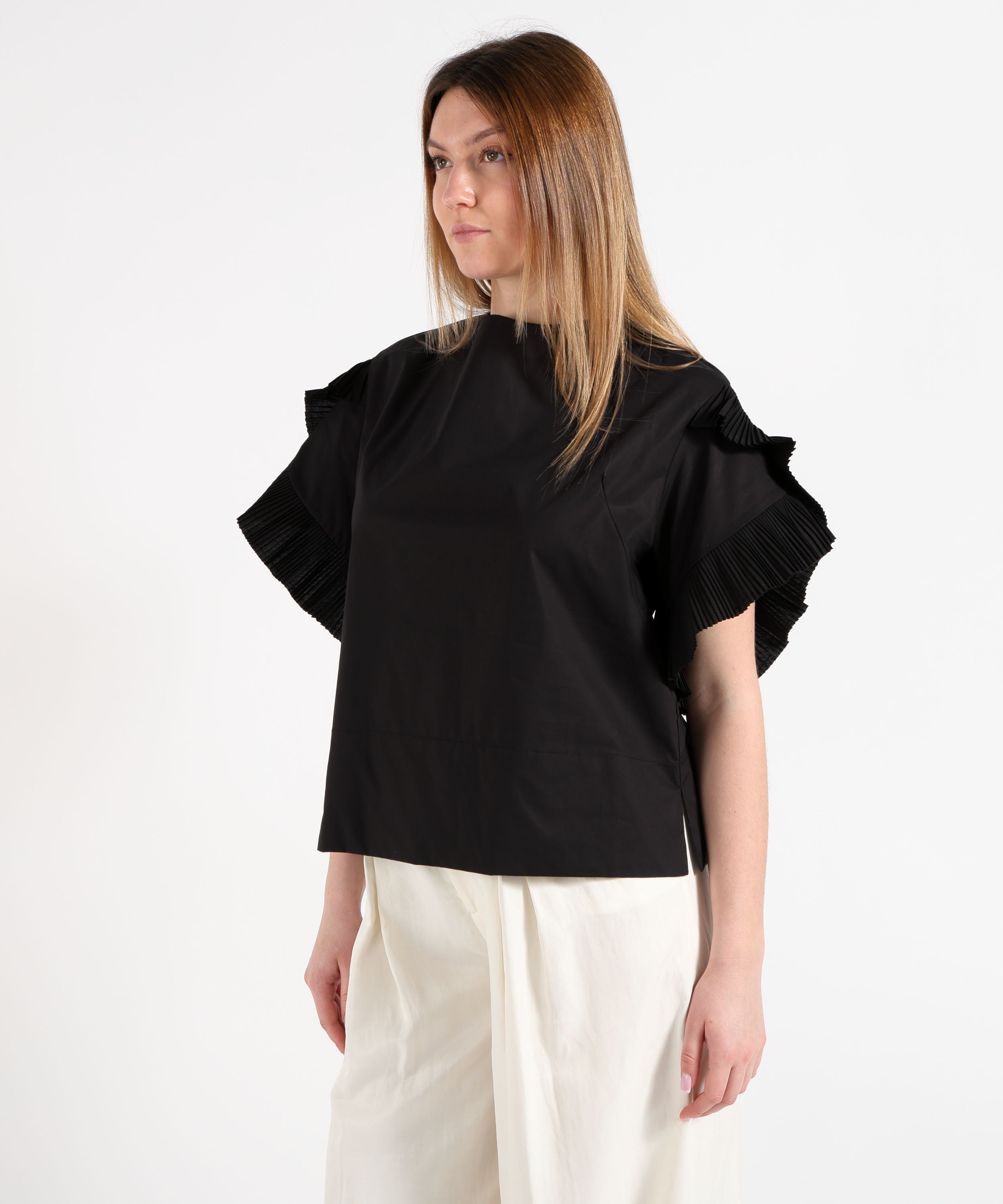Blouses MEIMEI Women's Oversized T‑Shirt with Pleated Ruffles Nero | MEIMEI
